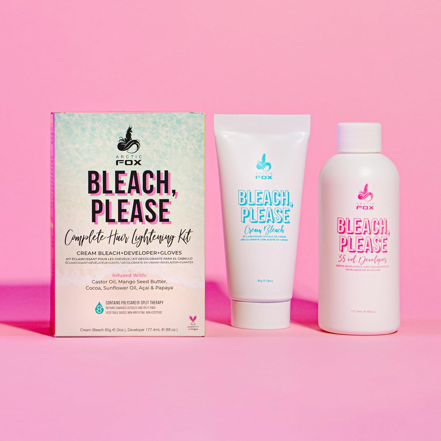 Shows all components included in the hair bleaching kit to inform customers of the full product contents.