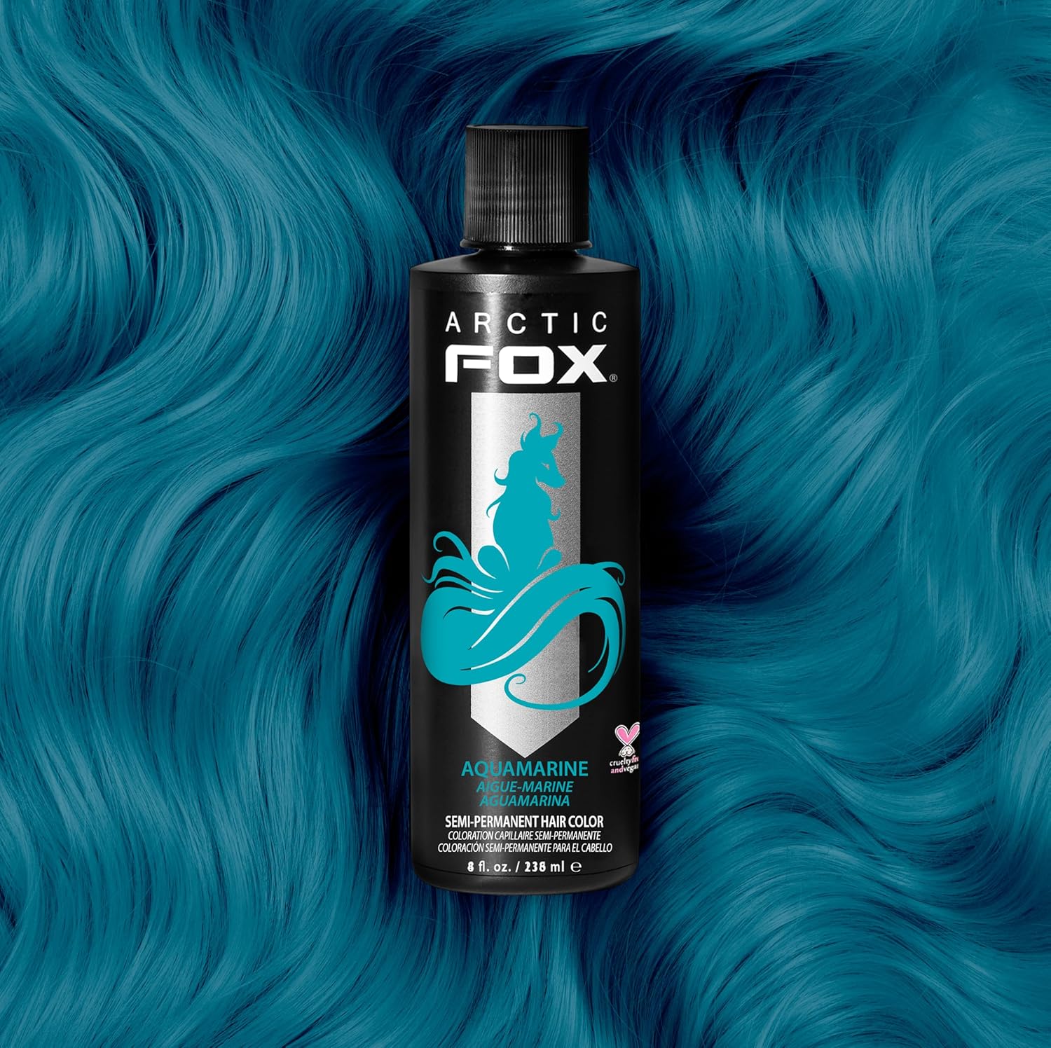Showcases the vivid aquamarine hair color result achievable with the product.