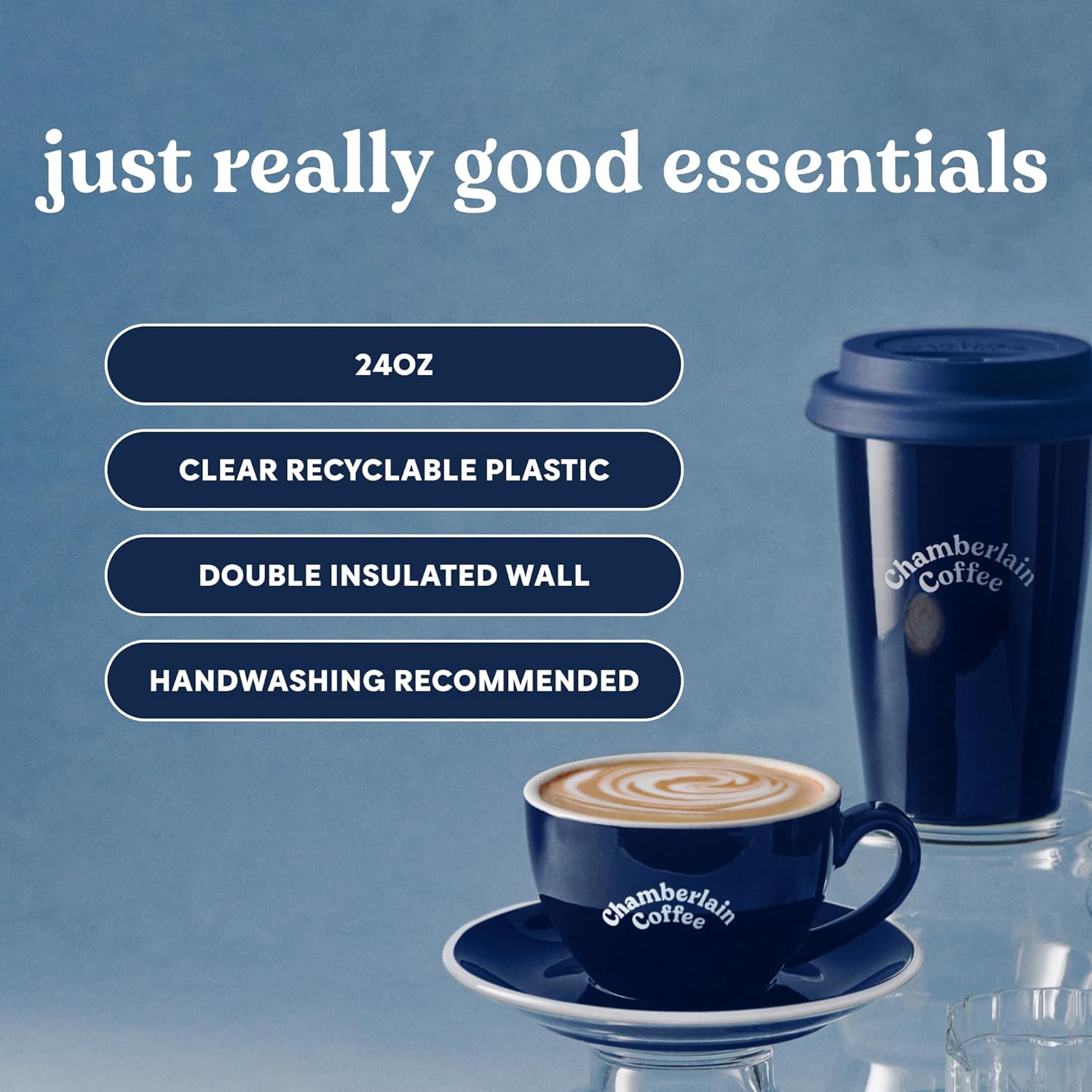 Highlights multiple key features of the coffee cup to inform customers about its capacity, eco-friendliness, temperature retention, and maintenance.
