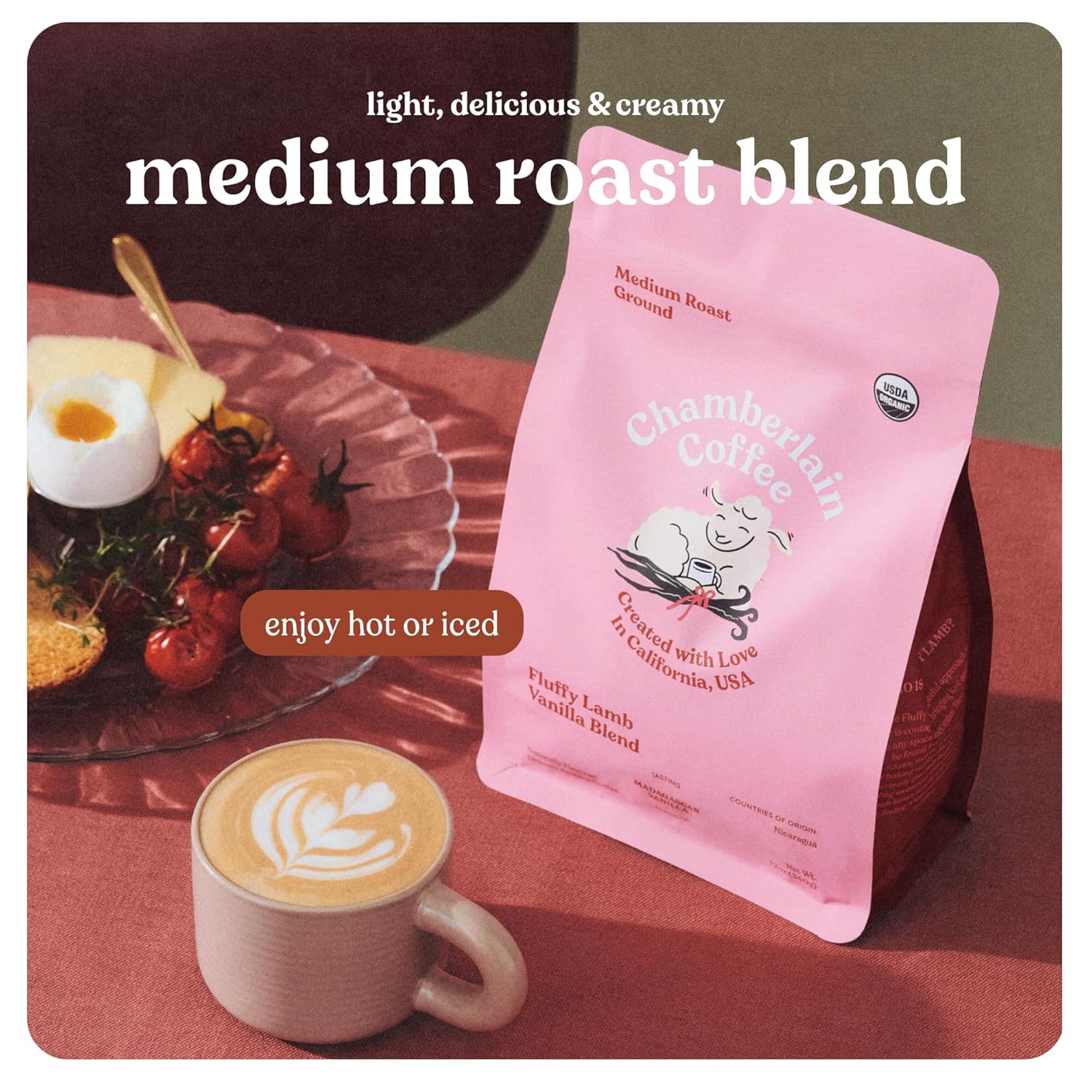 Highlights the coffee's flavor profile and versatility, emphasizing its suitability for both hot and iced preparations. Shows the product in a real-world context, suggesting it pairs well with…