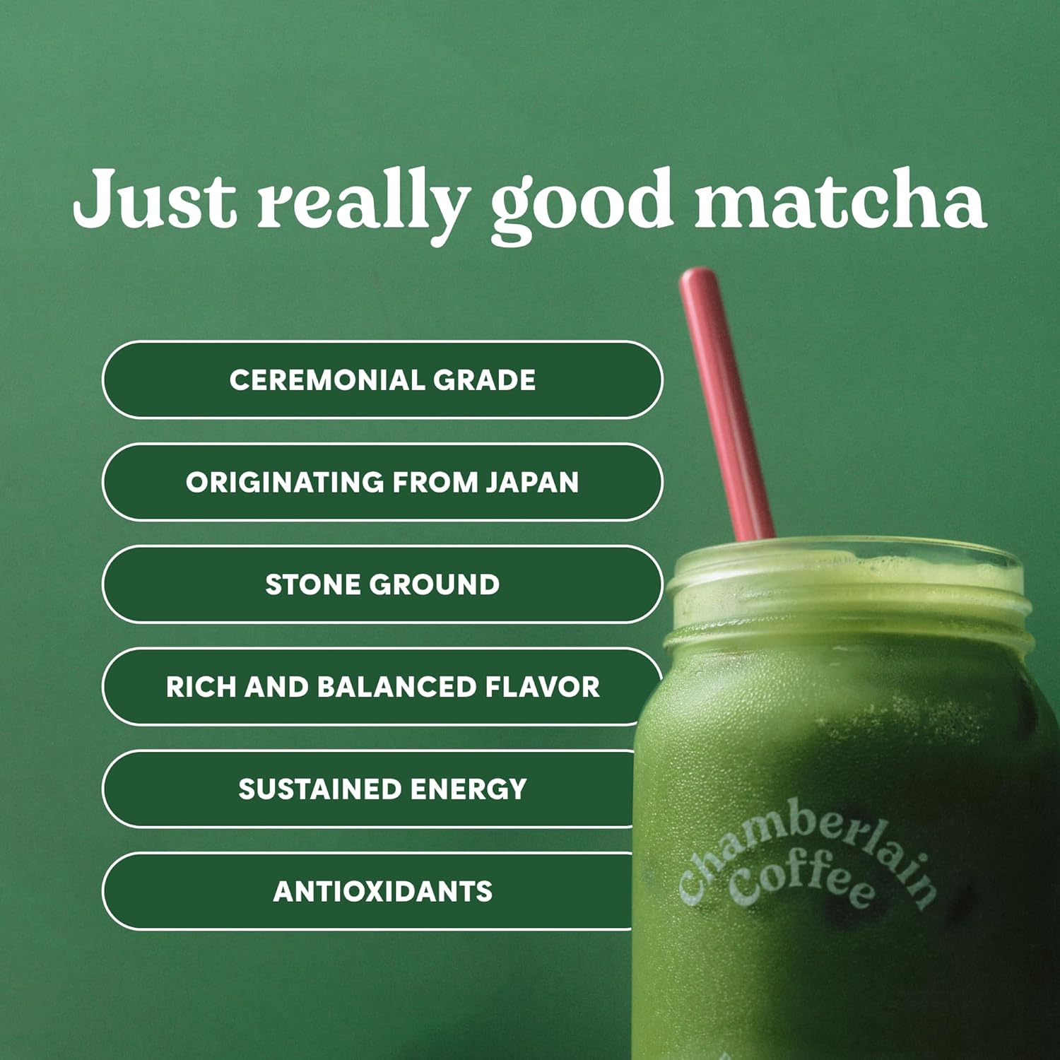 Highlights multiple quality features and health benefits of the matcha product to appeal to health-conscious consumers and tea enthusiasts.