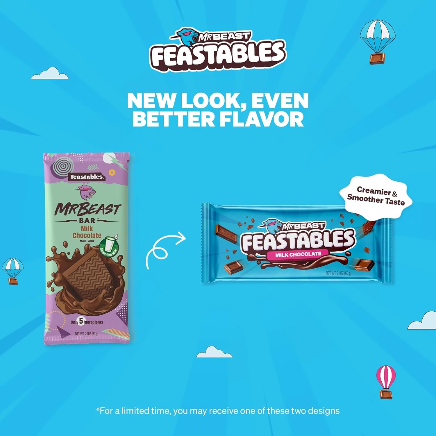 Highlights the product's new look and improved taste to attract customers and communicate product enhancement.