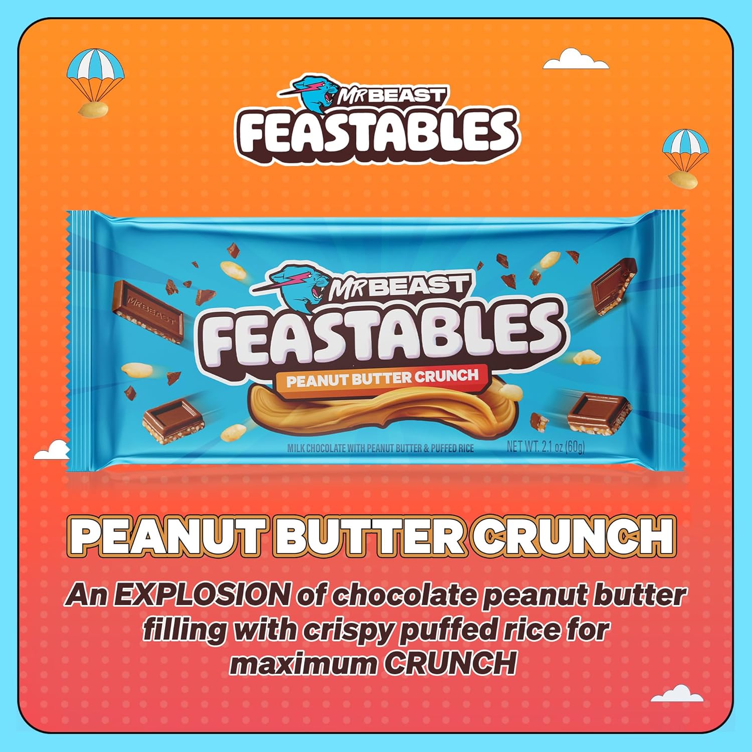 Highlights the key flavor and texture of the product, emphasizing the combination of chocolate, peanut butter, and crispy puffed rice for a crunchy experience.