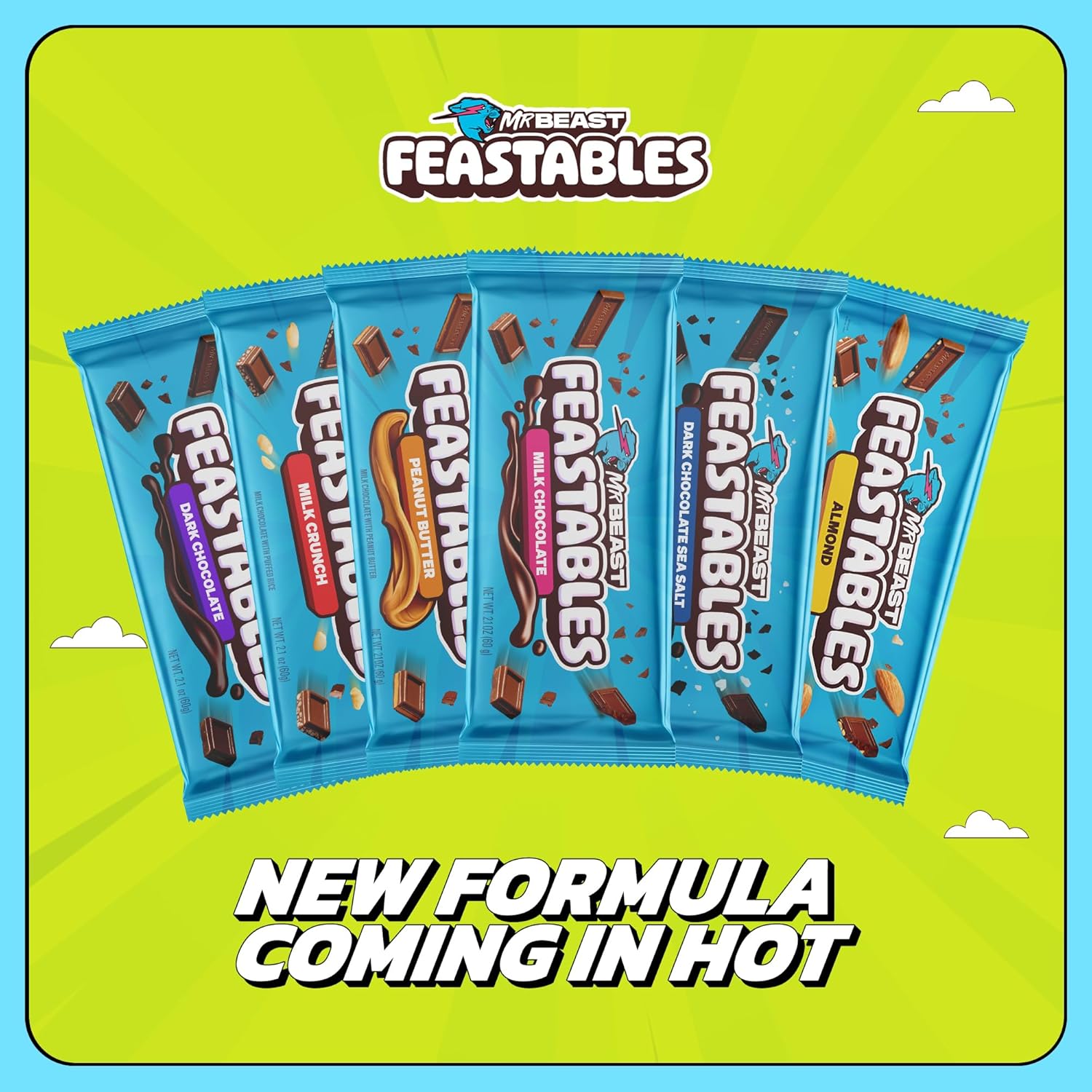 Showcases the range of flavors available in the MrBeast Feastables product line and announces a new formula coming soon. Highlights the variety of flavors while also informing customers about an…