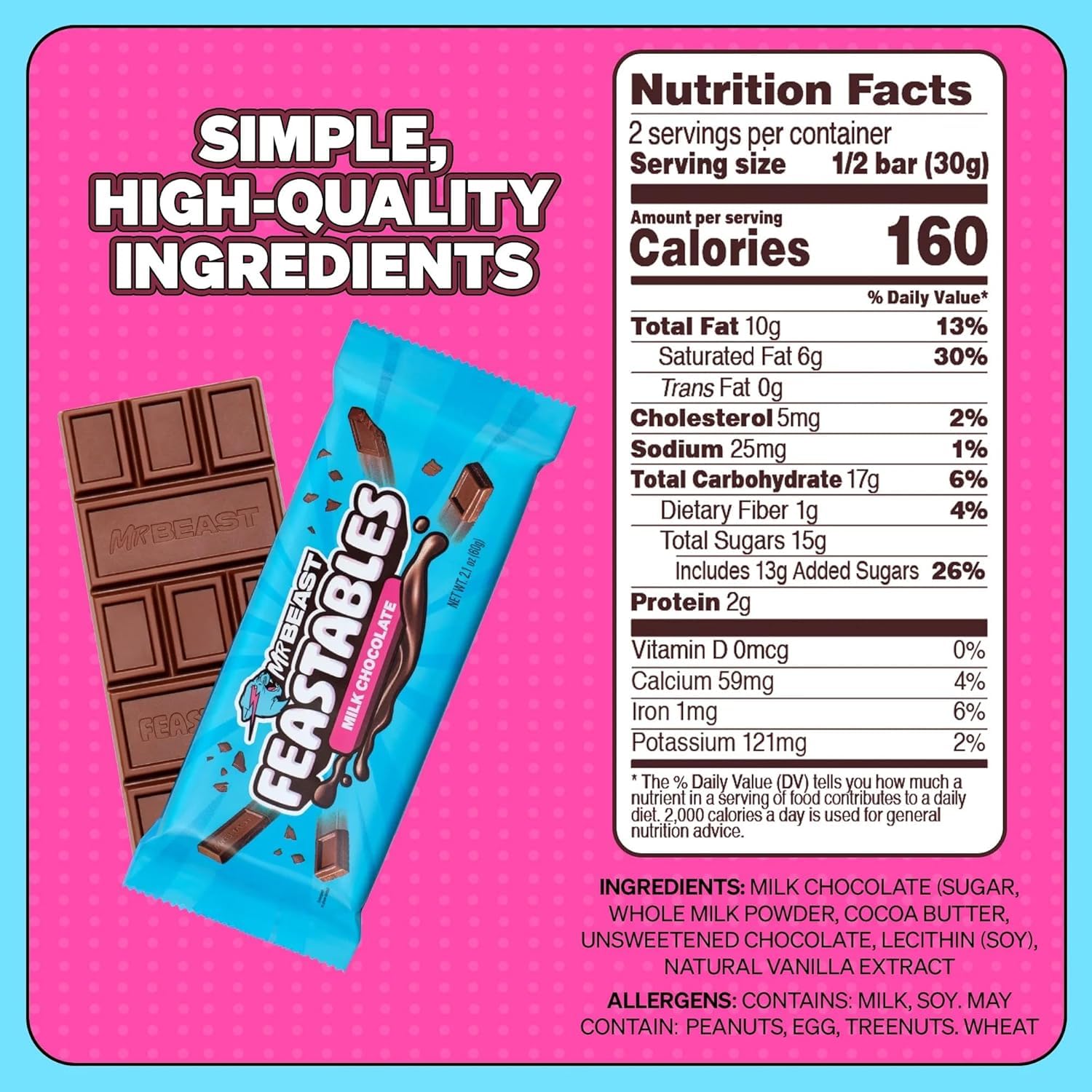 Highlights the product's high-quality ingredients while providing detailed nutritional information to inform the shopper about the product's contents and health impact.