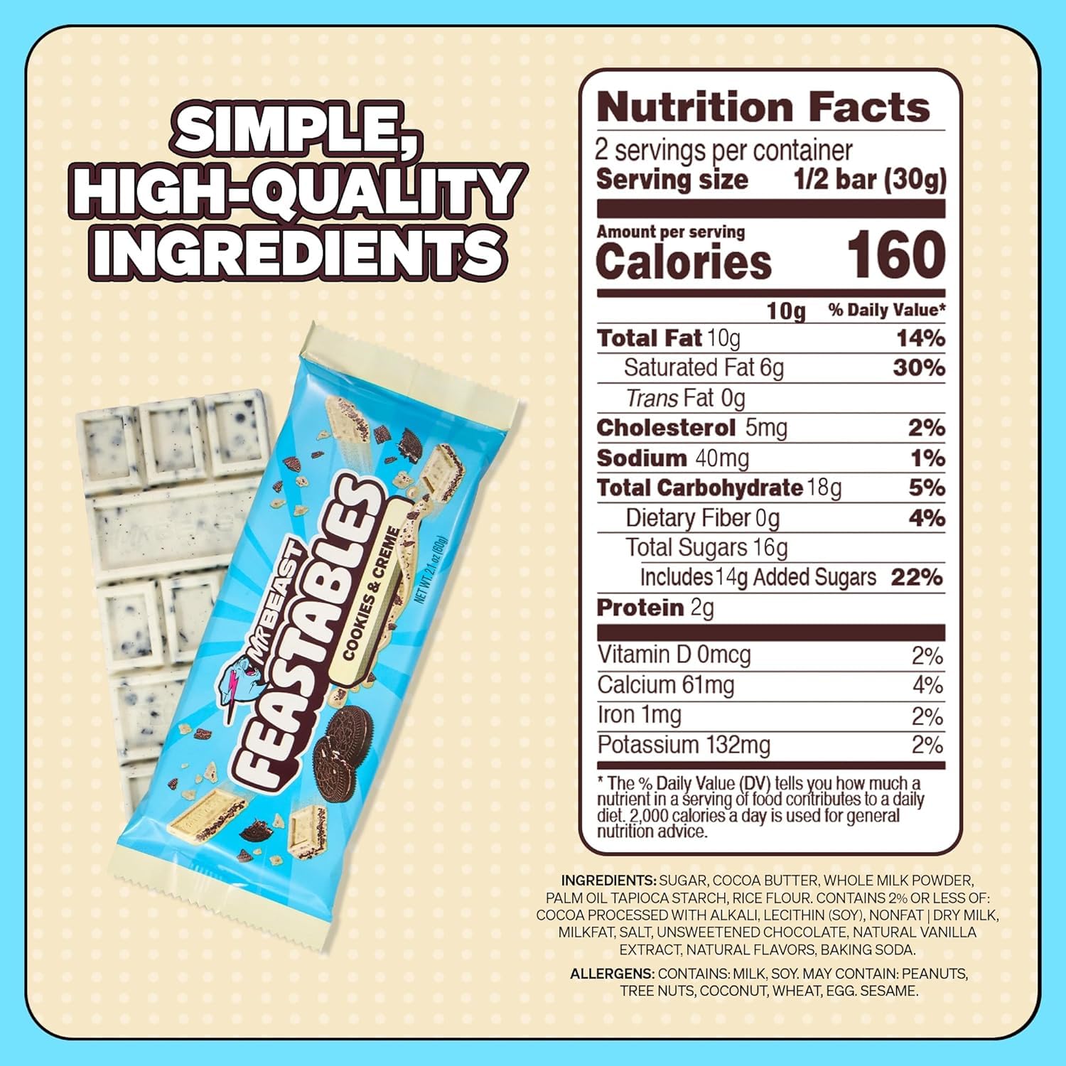 Highlights the product's simple, high-quality ingredients while providing detailed nutritional information to inform the shopper about the product's contents and health impact.