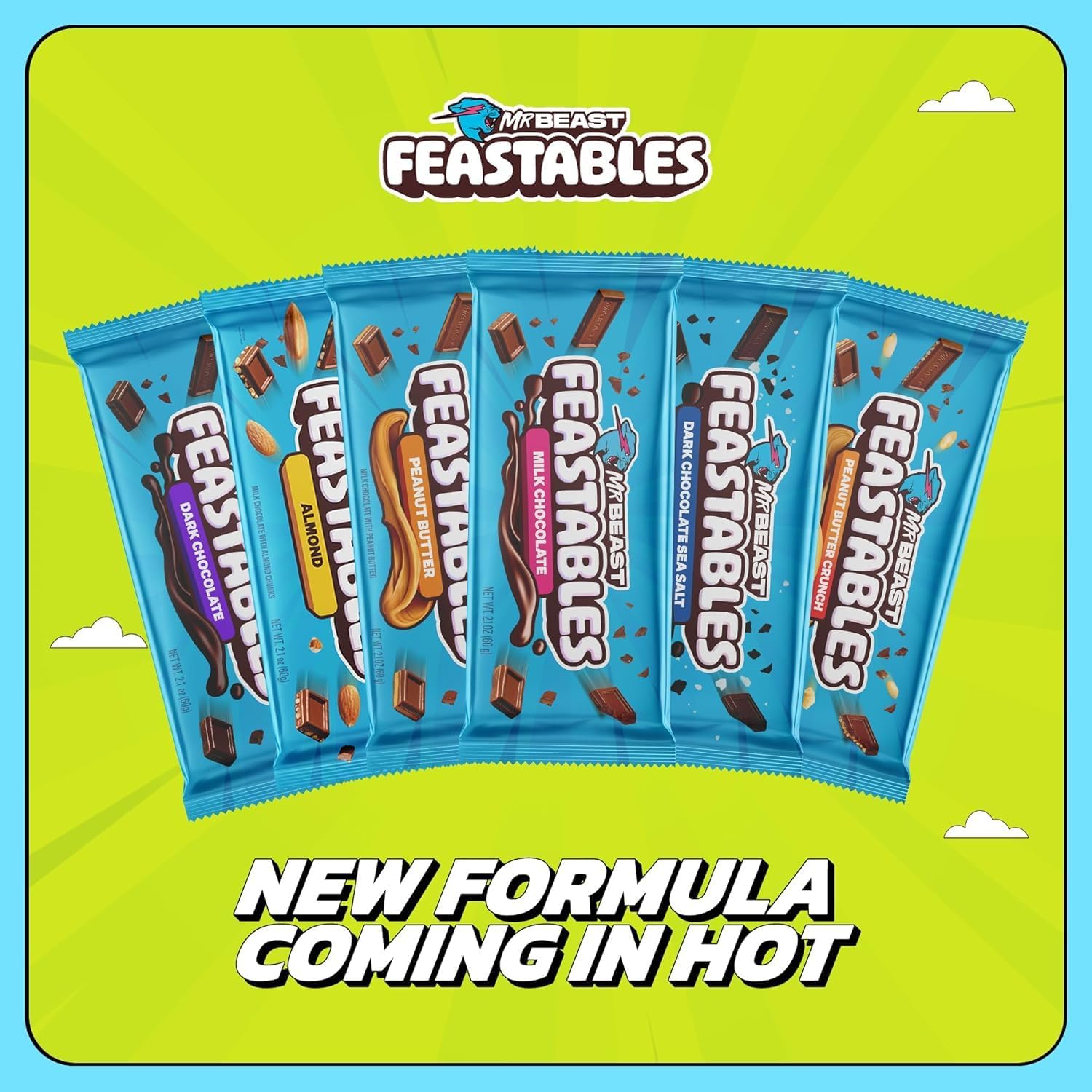 Showcases the different flavors available in the MrBeast Feastables product line, highlighting the range of options for customers. Announces a new formula for the product line, generating excitement…