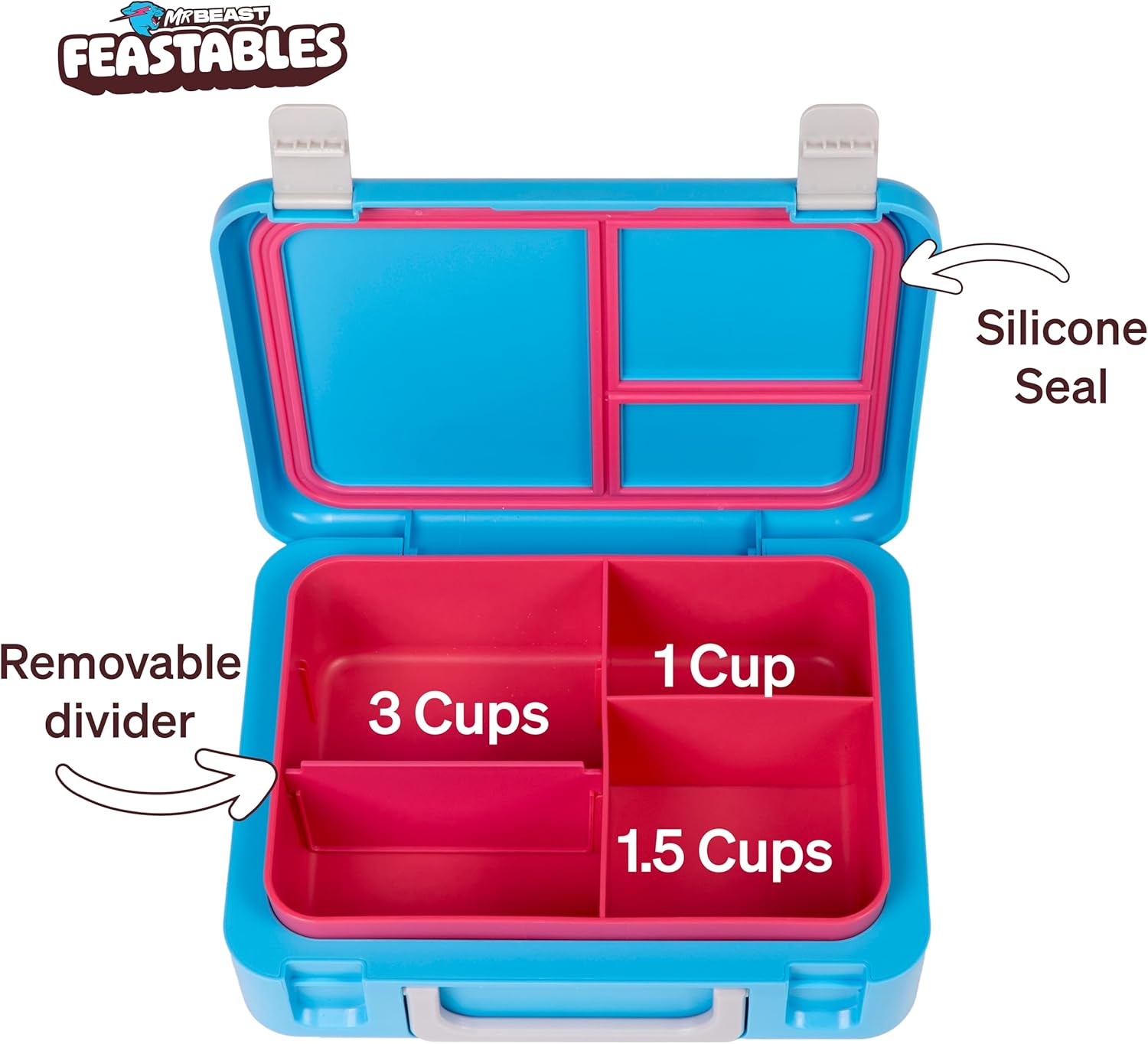 Highlights the key features and compartment sizes of the lunchbox to show its organization capabilities and leak-proof design.