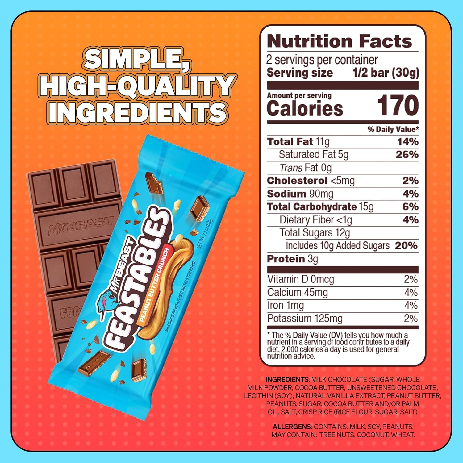 Feastables MrBeast Peanut Butter Milk Chocolate Crunch Chocolate Bar: Infographics