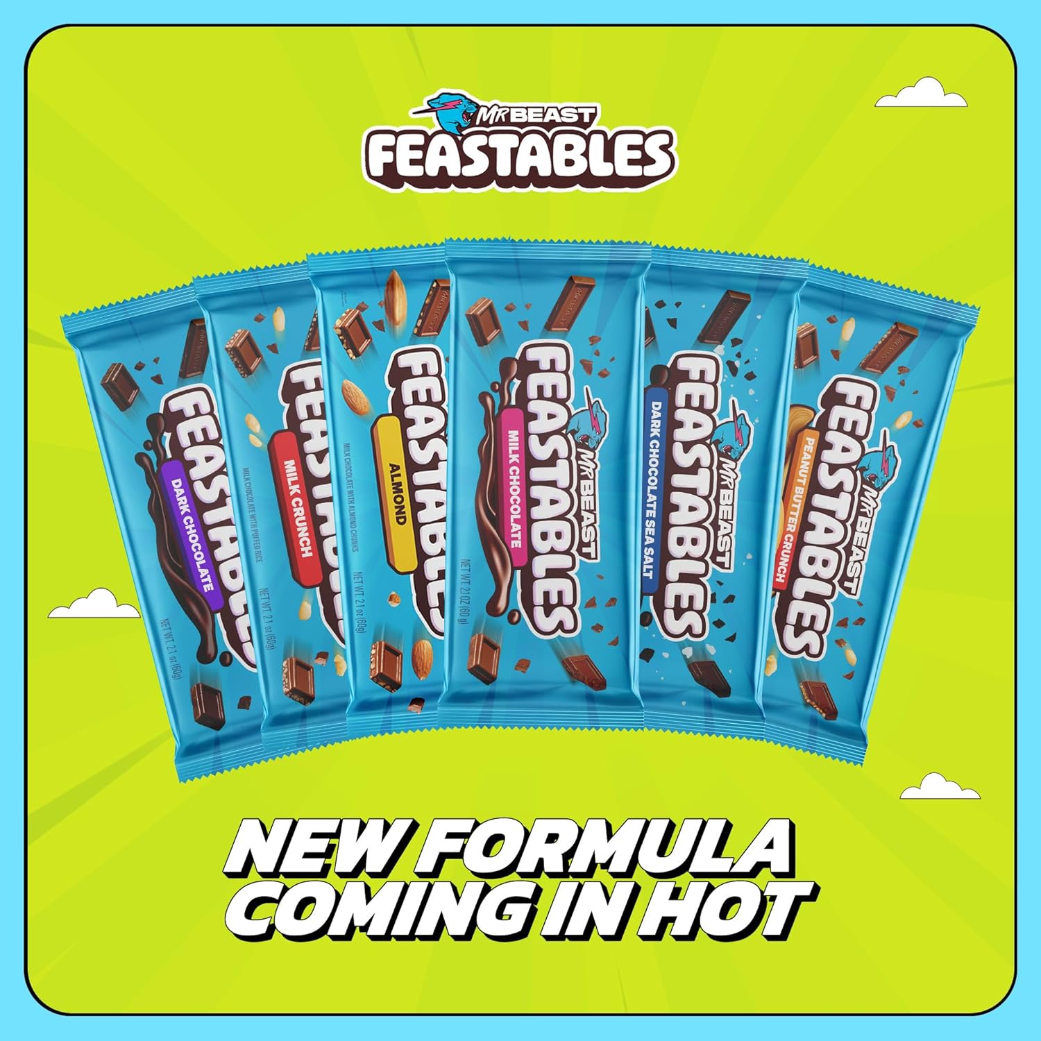 Showcases the range of flavors available in the MrBeast Feastables product line, highlighting the variety of options for customers. Announces a new formula for the product line, implying improved…