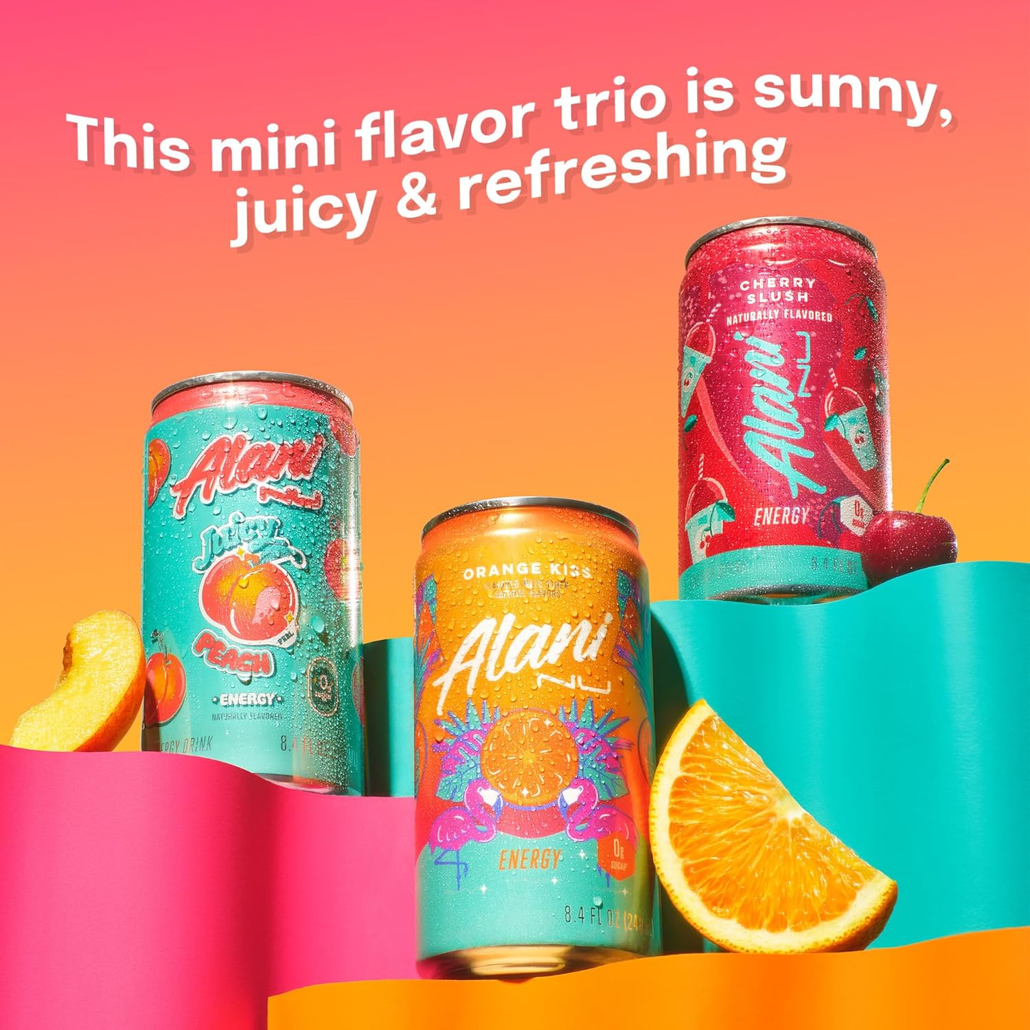 Showcases the three different fruity flavors of the energy drink, emphasizing their refreshing and juicy qualities to appeal to customers seeking variety and a sunny, energizing beverage experience.