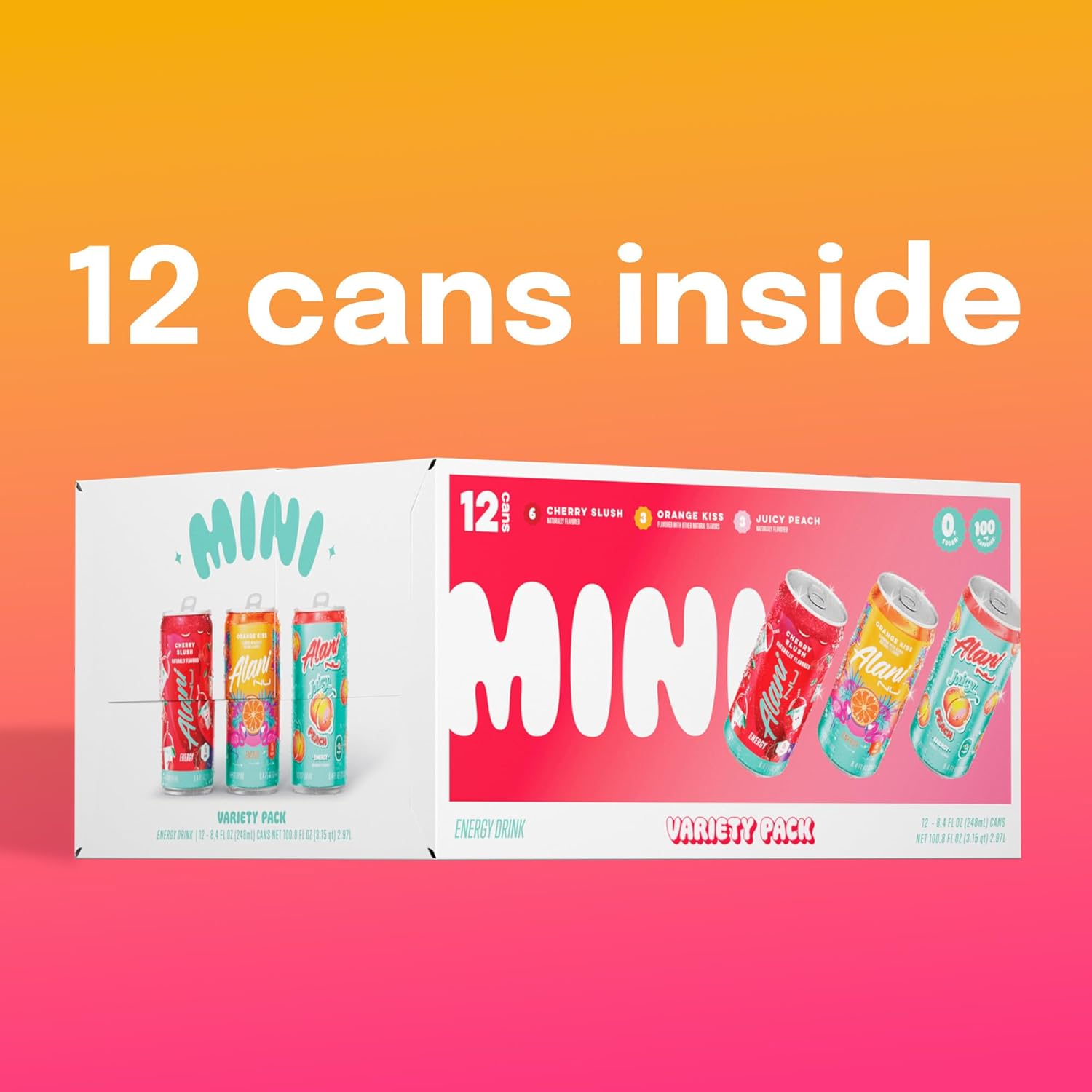 Shows the contents of the product package, highlighting the variety of flavors included in the 12-pack of energy drinks.