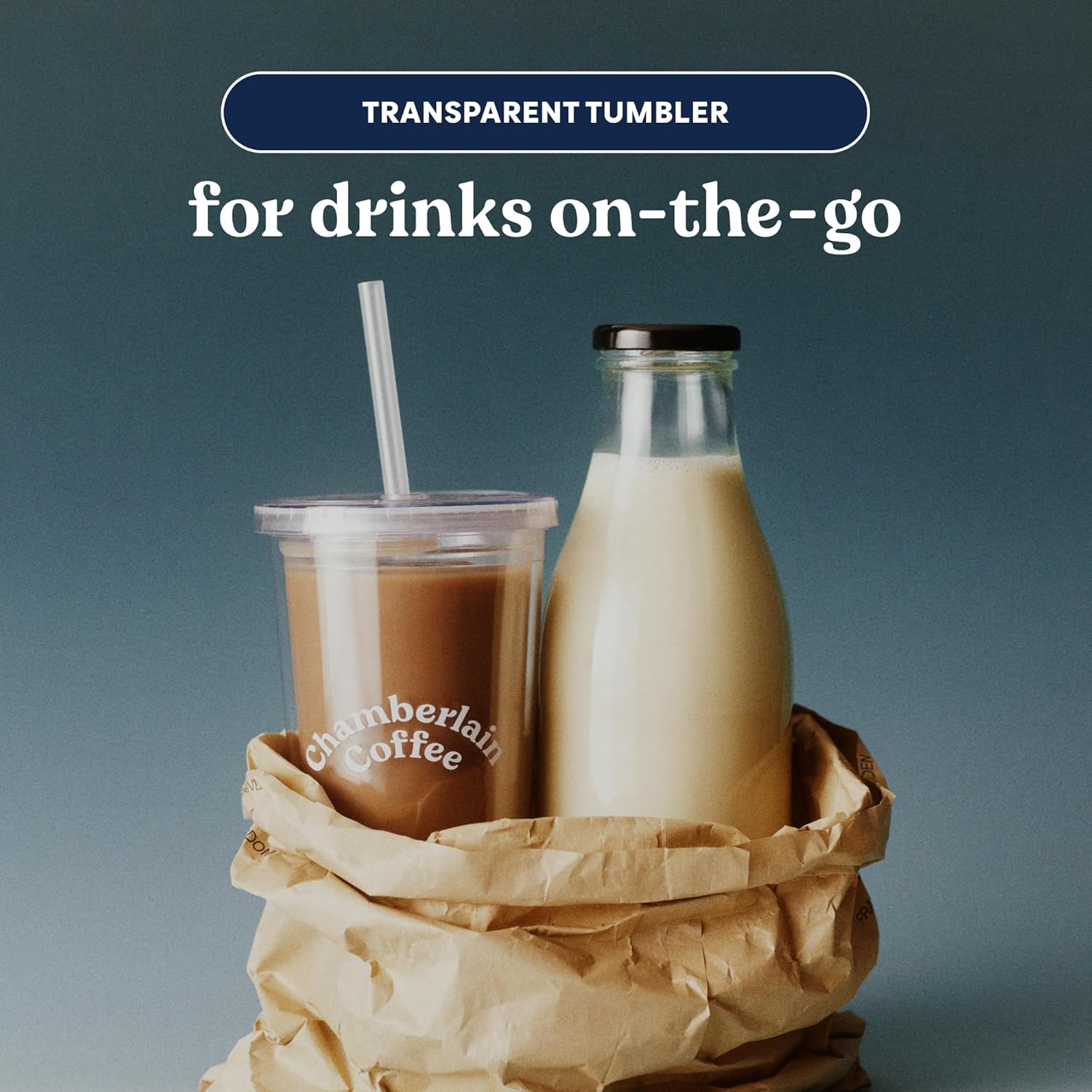 Highlights the transparent tumbler feature for on-the-go drinks, emphasizing convenience and portability.