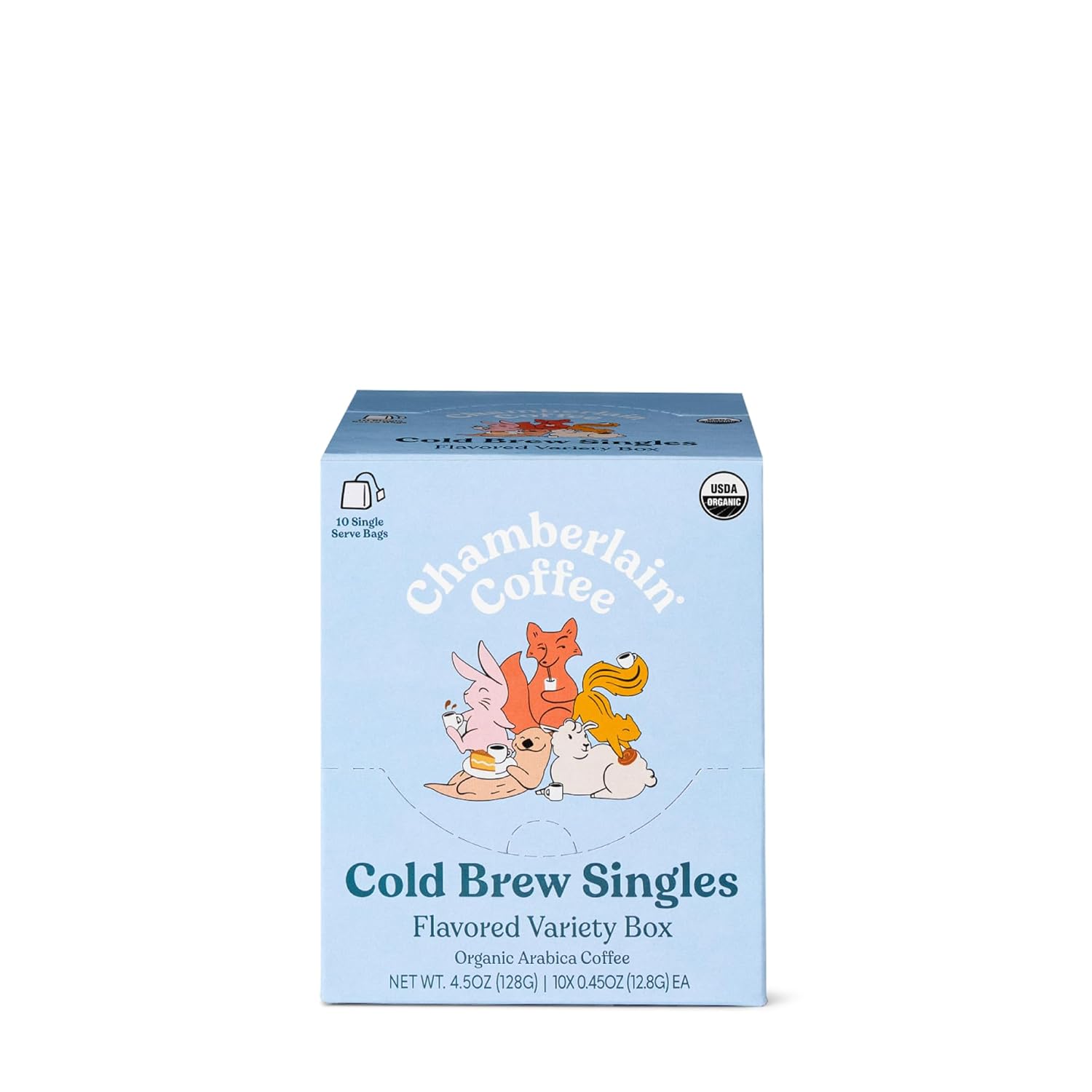 Shows the product packaging and highlights that it contains 10 single-serve bags of flavored cold brew coffee.