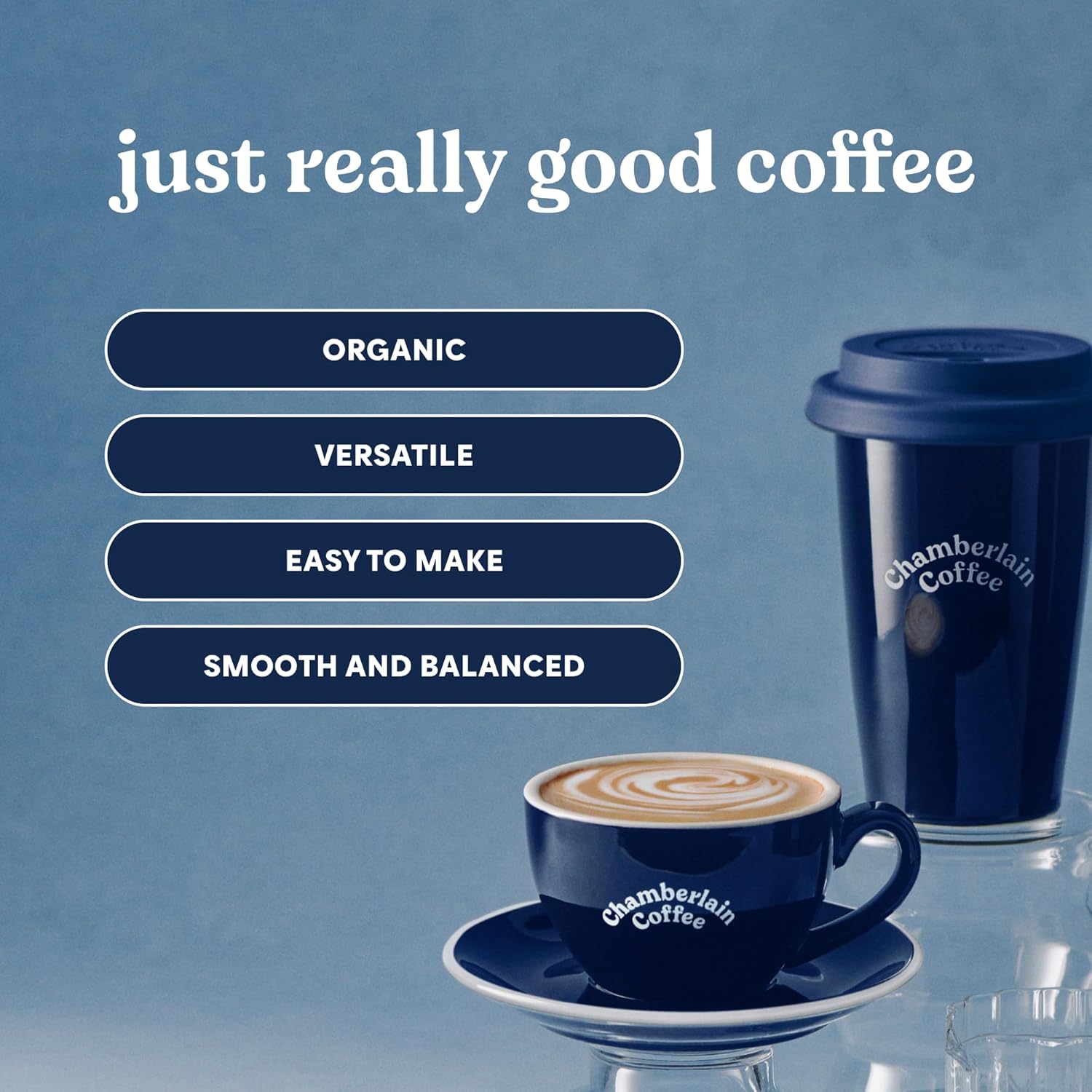 Highlights multiple key features and benefits of the coffee to appeal to various consumer preferences and needs. Reinforces the brand's commitment to quality with the tagline 'just really good…
