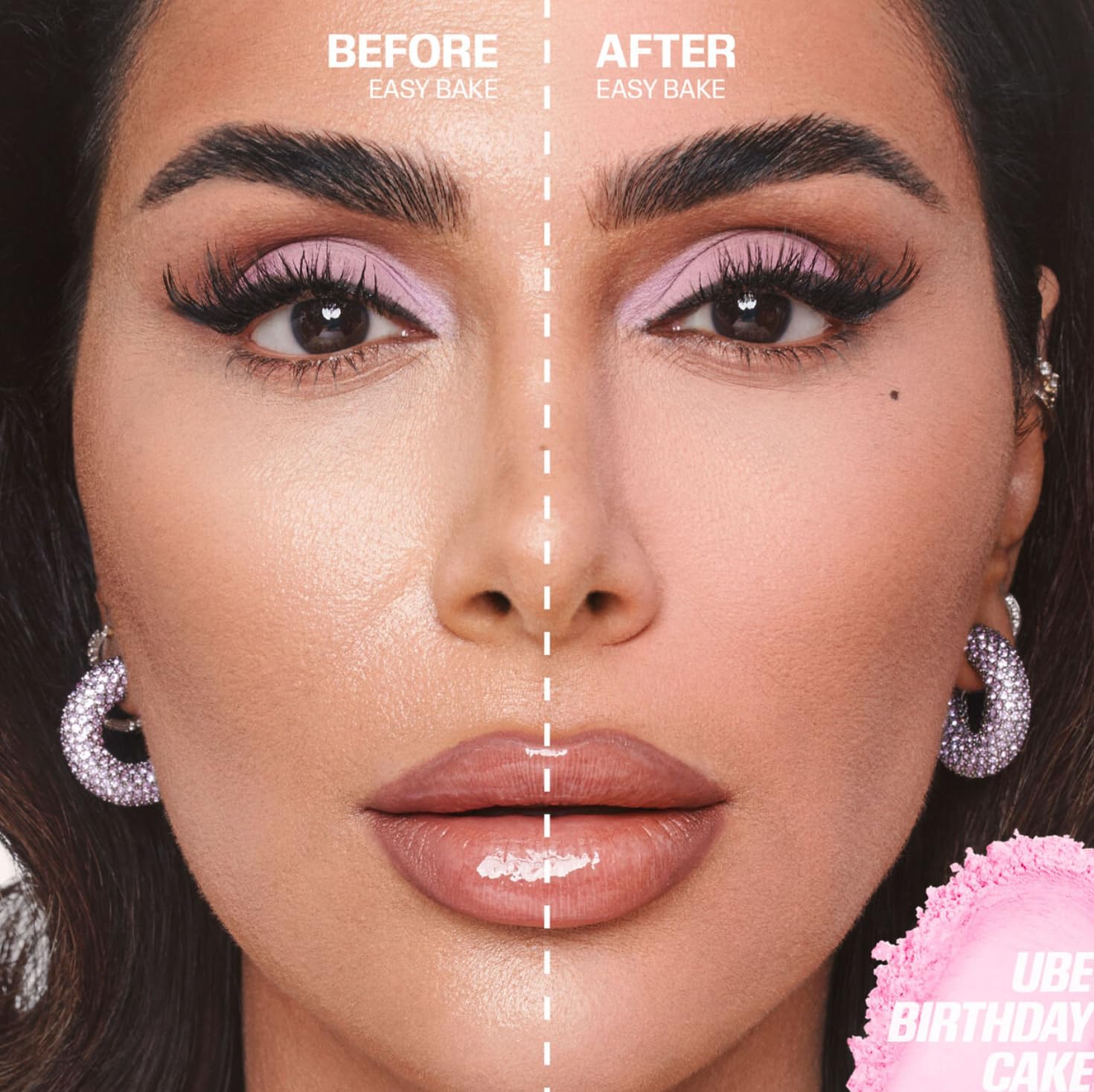Demonstrates the effect of the 'Easy Bake' makeup technique, showing a subtle enhancement in the model's appearance.