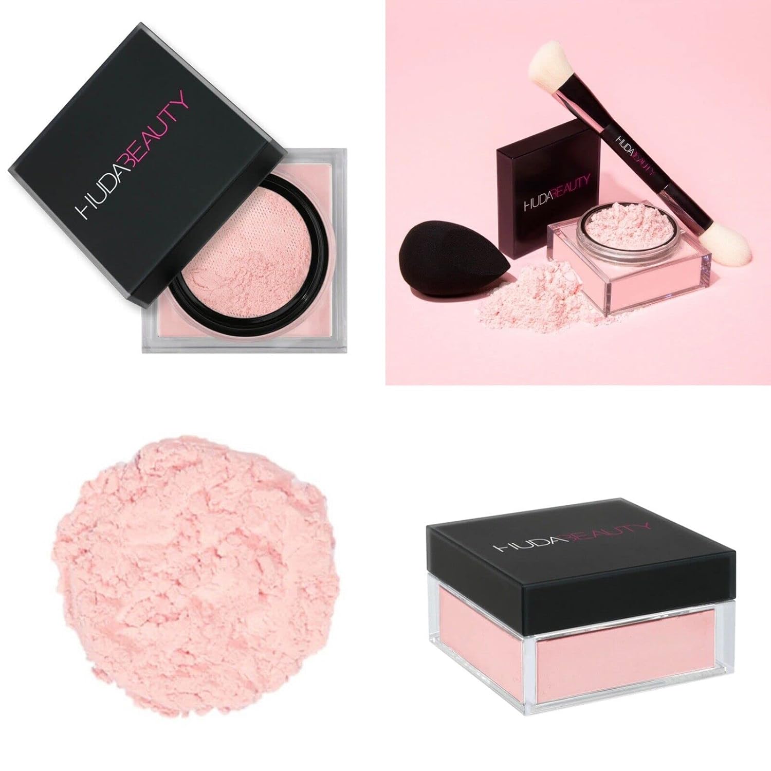 Showcases the product's fine powder texture and multiple application tools to highlight versatility and ease of use. Displays the makeup powder product along with various application tools included,…