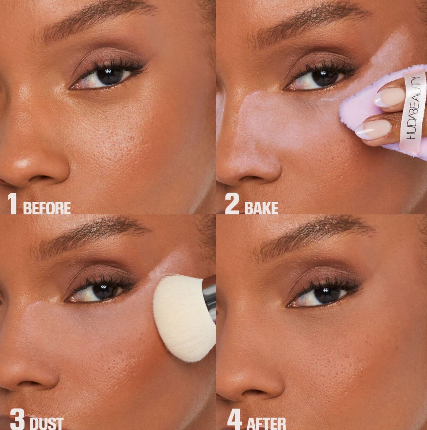 Demonstrates the step-by-step process of applying makeup for a flawless finish, focusing on the under-eye area. Shows the transformation of the under-eye area from before makeup application to the…