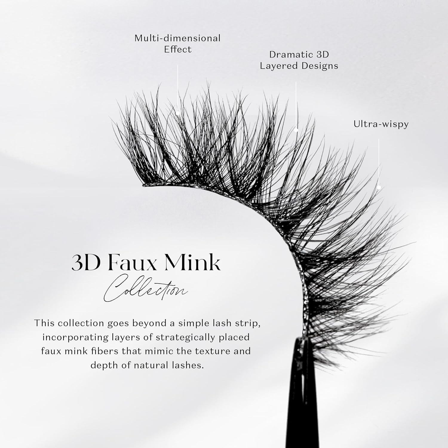 Highlights multiple features of the 3D Faux Mink lashes to showcase their realistic appearance and premium quality.