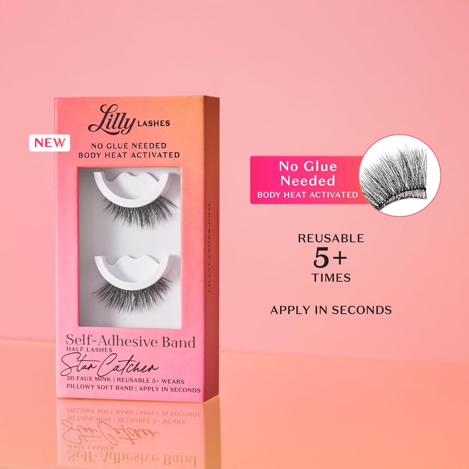 Highlights multiple key benefits of the lashes: no glue required, reusability, and ease of application.