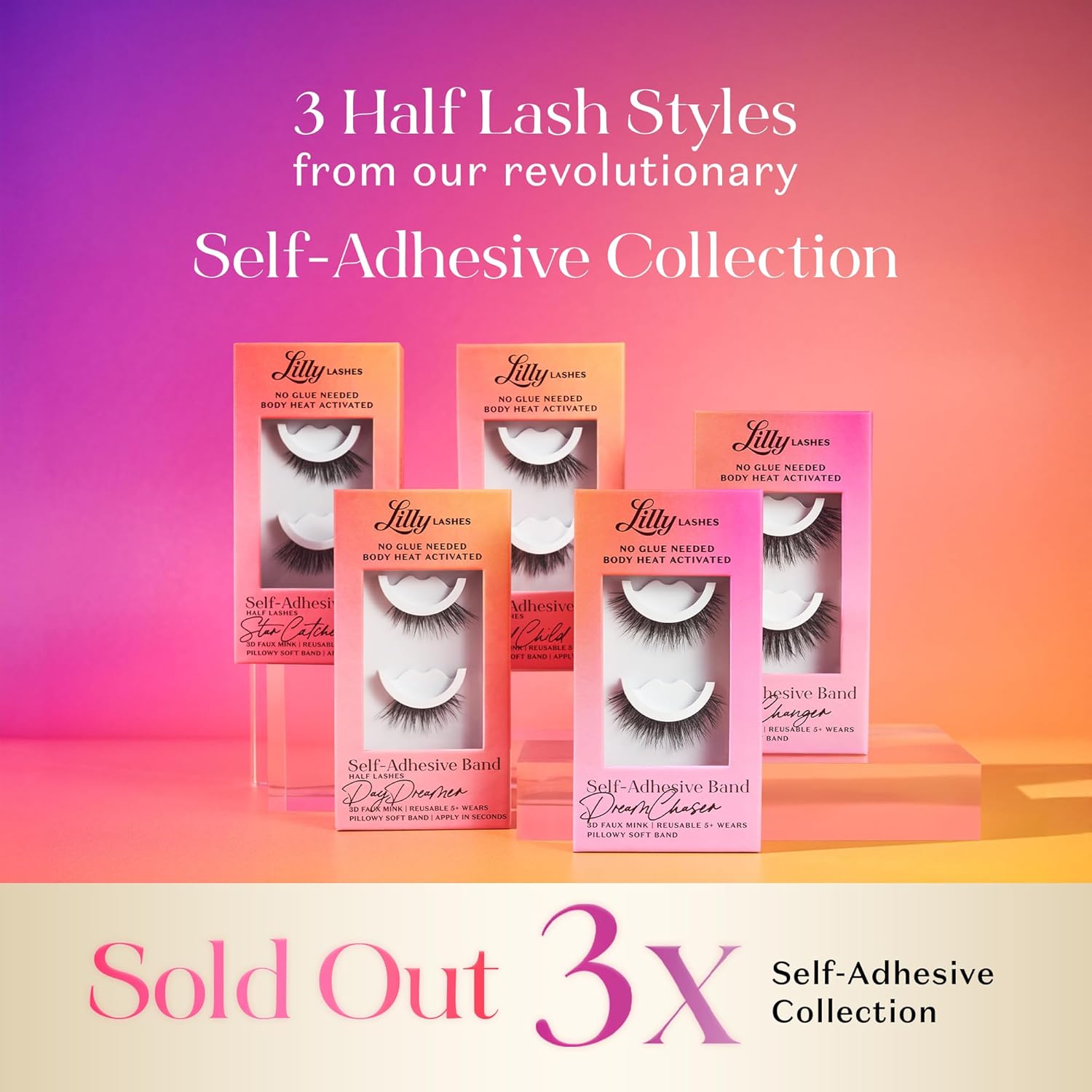 Showcases the variety of self-adhesive lash styles available in the collection, emphasizing the ease of application without glue.