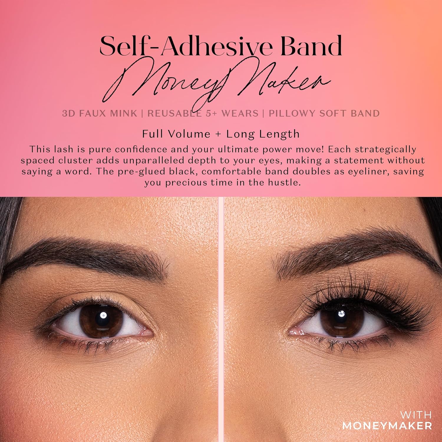 Demonstrates the dramatic difference in eyelash volume and length when using the self-adhesive band product. Highlights the key benefit of the product in providing fuller, longer lashes for a…