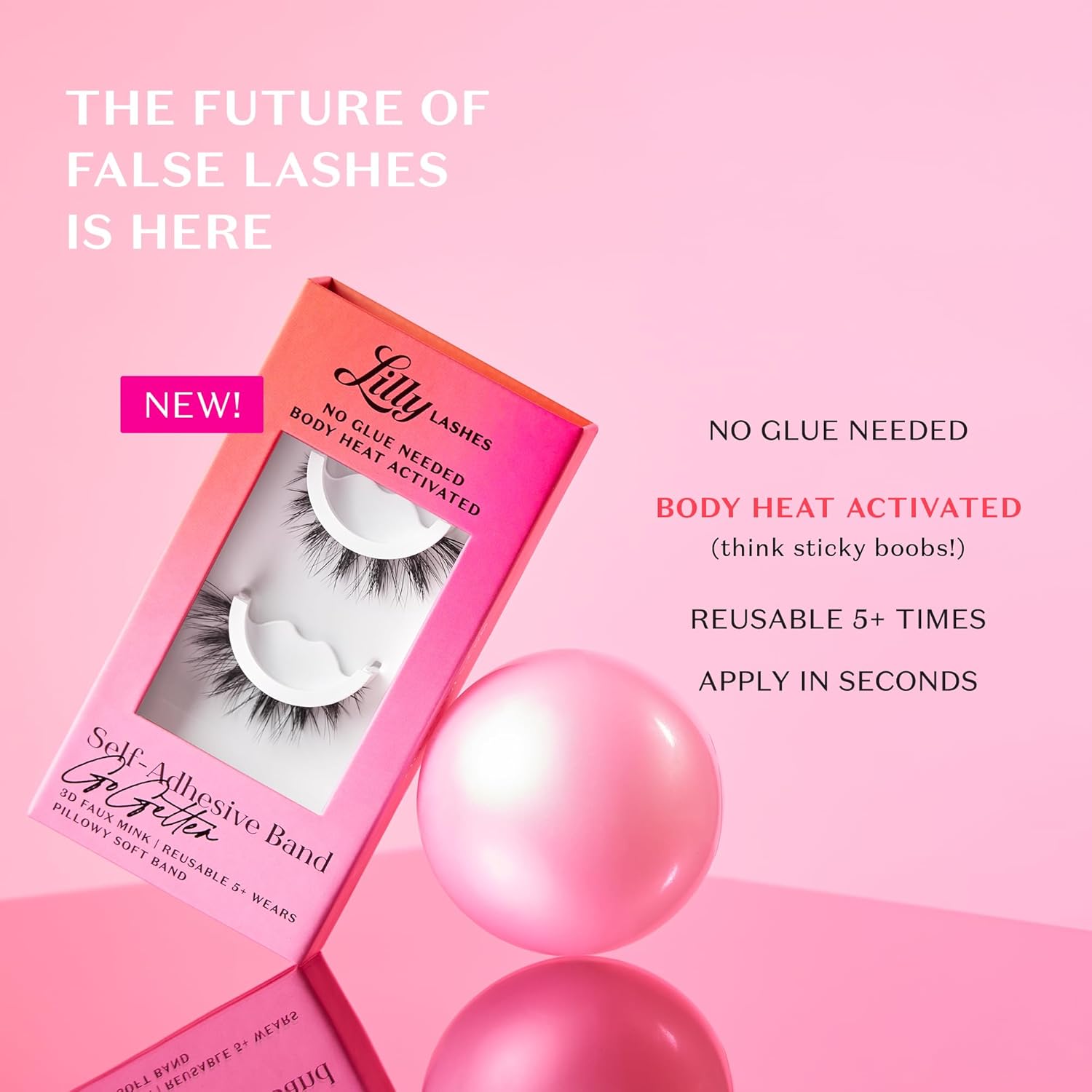 Highlights the innovative, glue-free application method of these false lashes to emphasize ease of use and convenience.