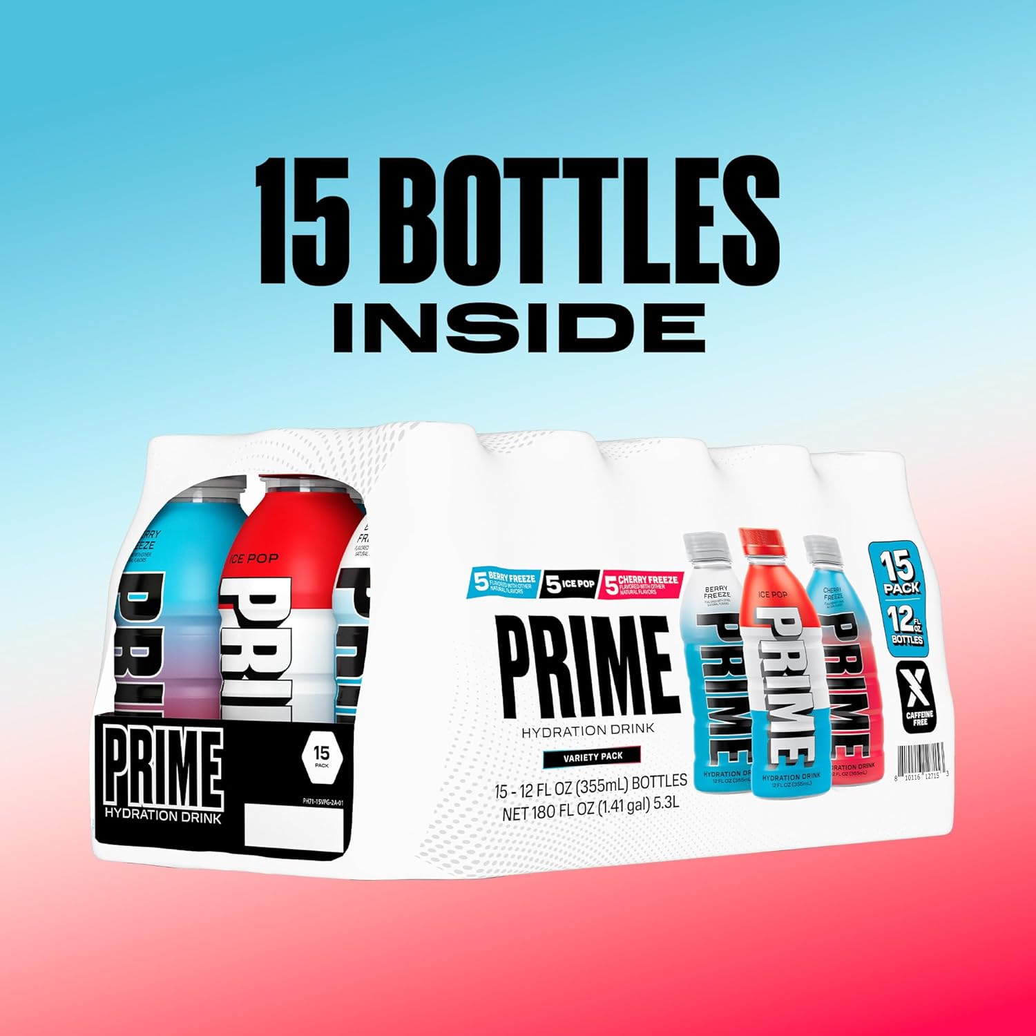 Emphasizes the value proposition of the product by highlighting that there are 15 bottles inside the package. Shows the different flavors included in the variety pack, helping customers understand…