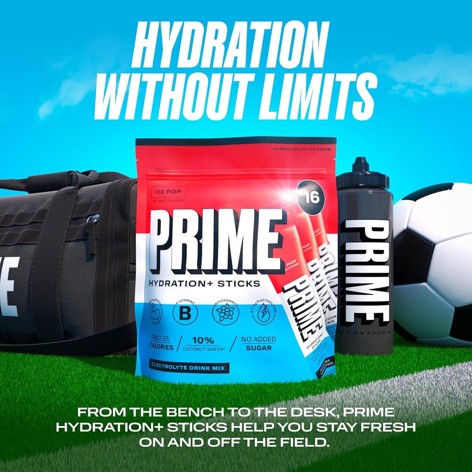 Demonstrates the versatility of Prime Hydration+ Sticks for use in both athletic and work environments. Highlights multiple health benefits of the product to appeal to health-conscious consumers.