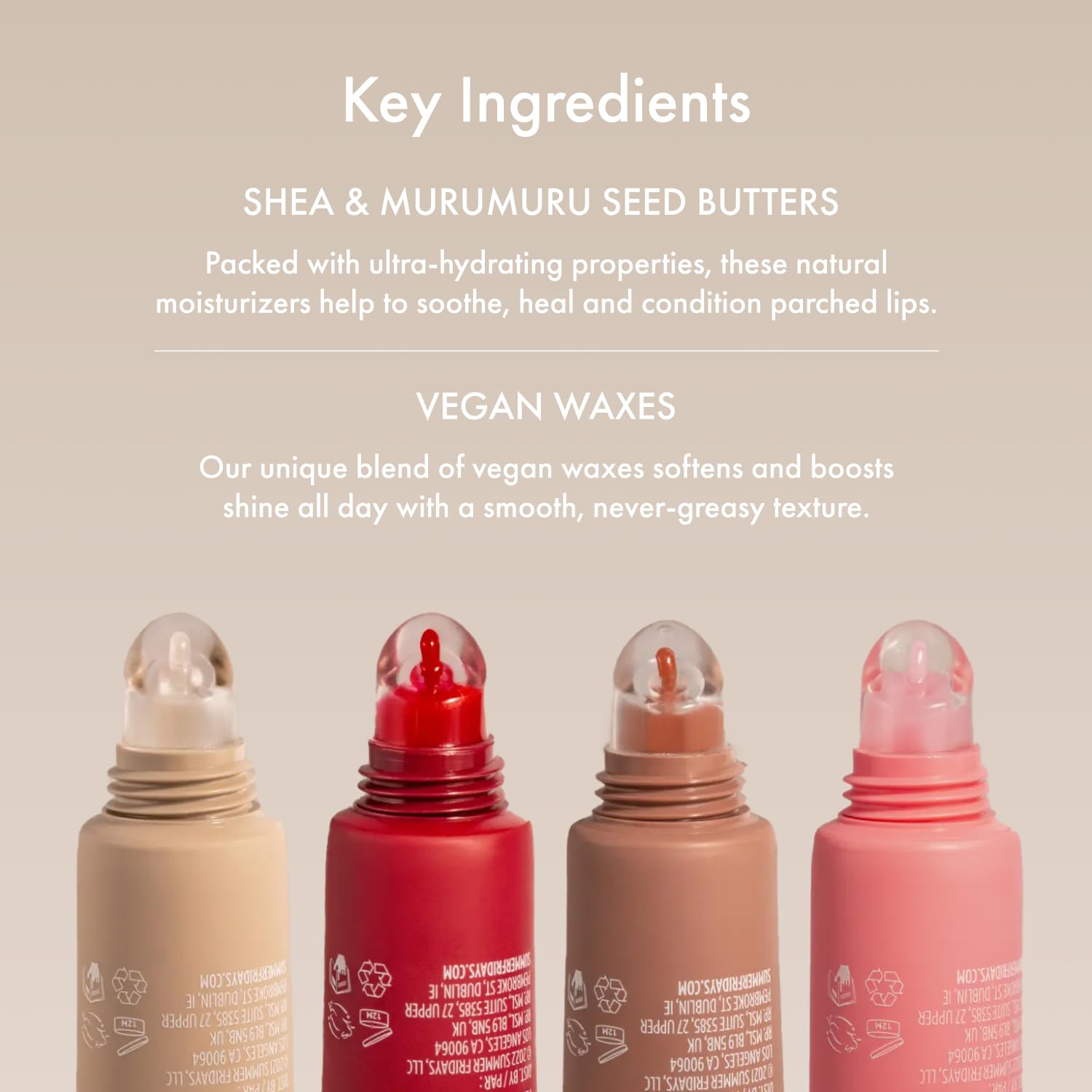 Highlights the key ingredients and benefits of the lip product, emphasizing its natural moisturizing properties and vegan formulation.