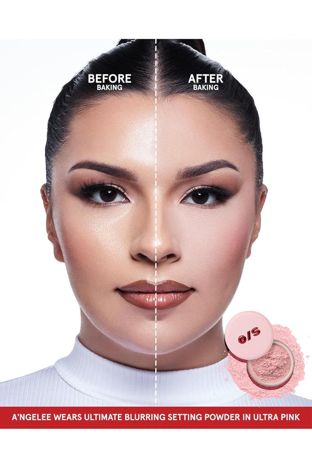 Demonstrates the transformative effect of the Ultimate Blurring Setting Powder in Ultra Pink, showing how it reduces shine and creates a smoother complexion.