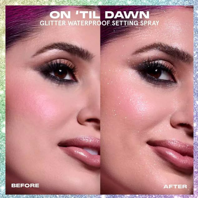 Demonstrates the visible glitter effect and waterproof setting capability of the spray, showing how it transforms the makeup look. Highlights the product's unique feature of adding a glittery effect…