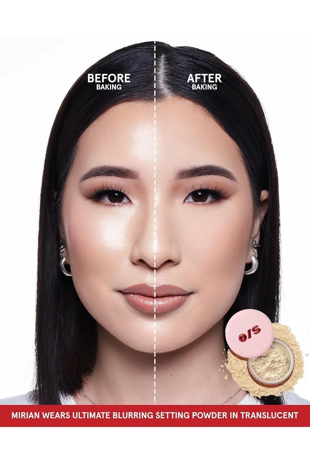 Demonstrates the visible difference in skin appearance before and after applying the setting powder, highlighting its blurring and mattifying effects.