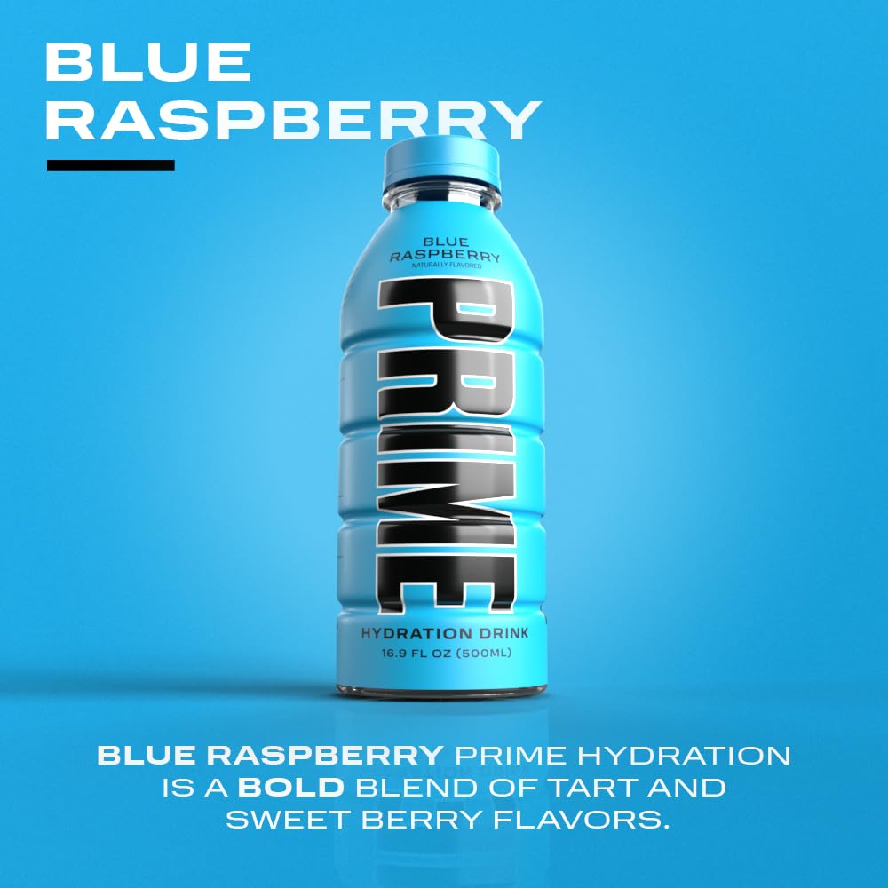 Highlights the unique Blue Raspberry flavor of the Prime hydration drink to attract customers interested in this specific taste profile.