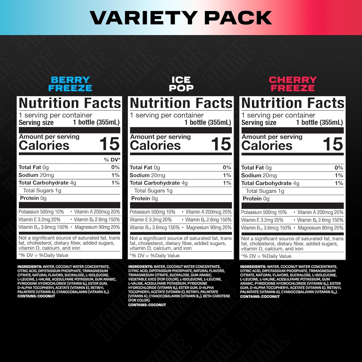 Shows the different flavors included in the variety pack, allowing customers to see the range of options available.