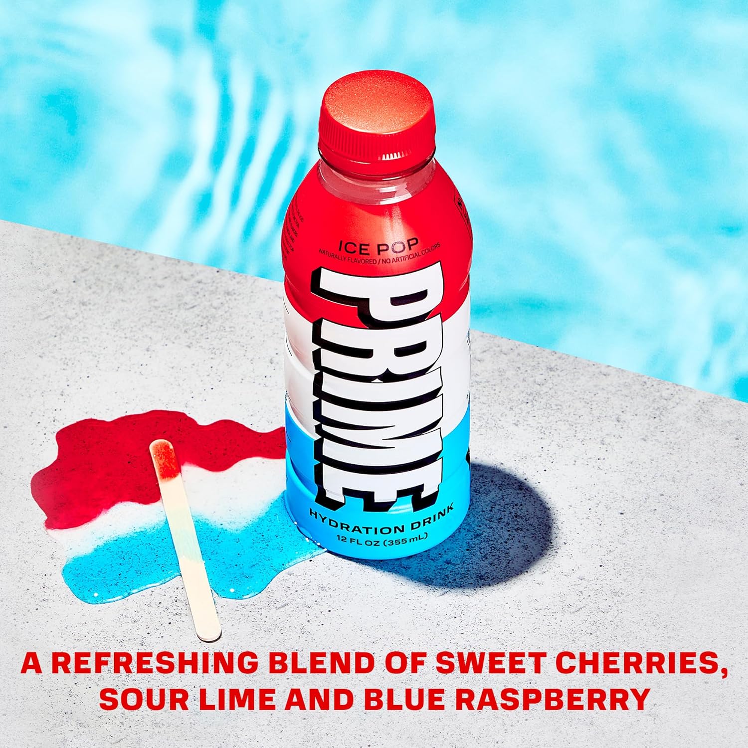Shows the product in a summer poolside setting to associate it with refreshment and cooling off. Highlights the unique flavor blend of the drink to entice customers with its refreshing taste.