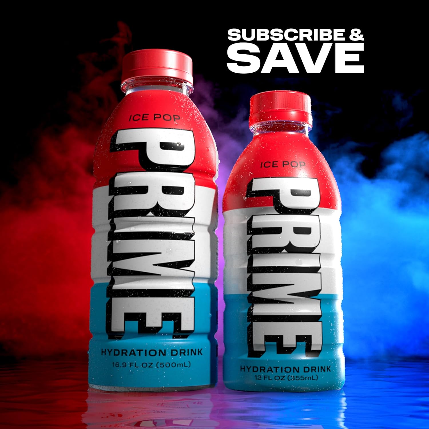 Showcases different bottle sizes available and promotes subscription savings to encourage repeat purchases.
