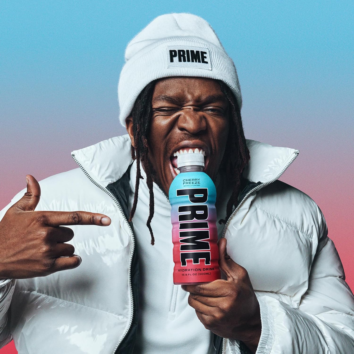 Emphasizes the refreshing and intense flavor of the Prime hydration drink through the model's exaggerated reaction.