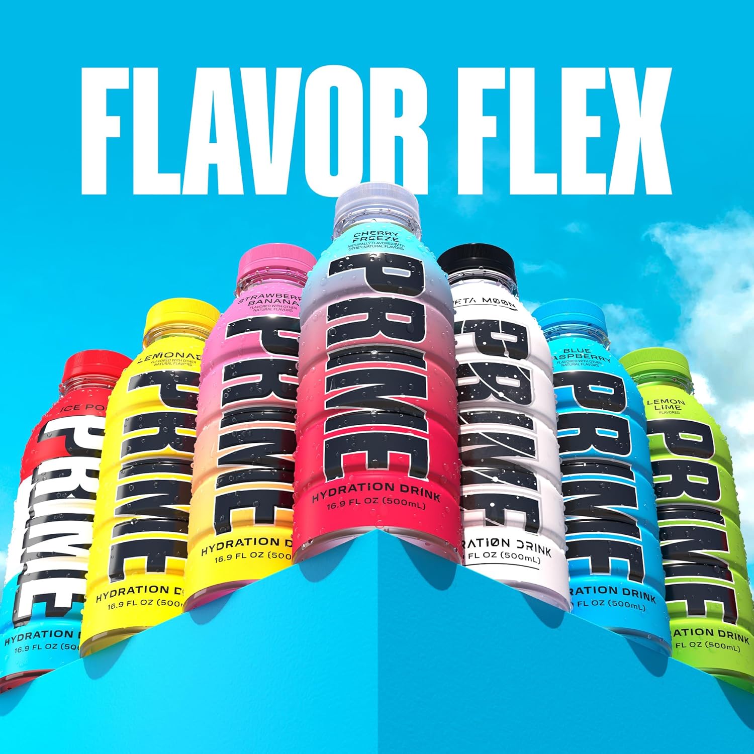 Showcases the wide range of flavors available for the Prime hydration drink, emphasizing product versatility and choice for consumers.