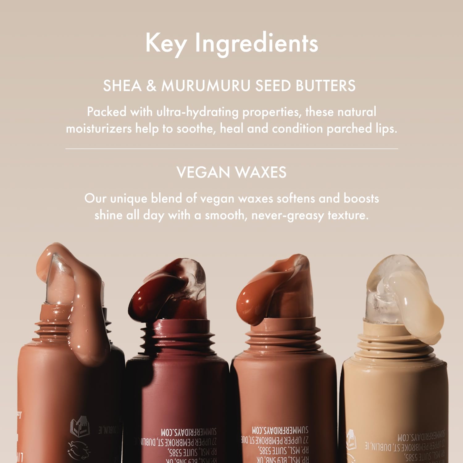 Highlights the key ingredients and benefits of the lip product, emphasizing its natural moisturizing properties and vegan formulation.