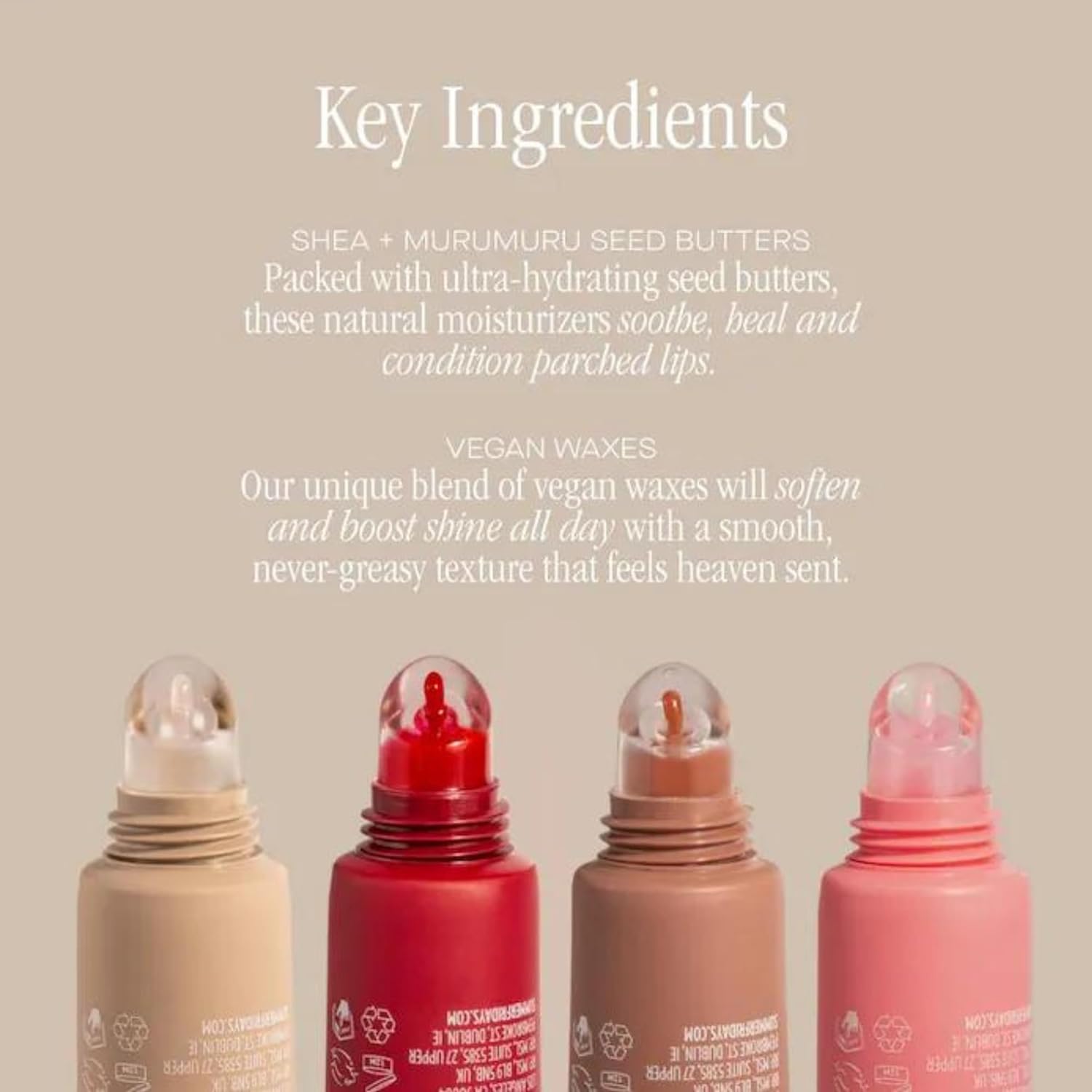 Highlights the key ingredients and benefits of the lip product, emphasizing its natural moisturizing properties and vegan formulation.