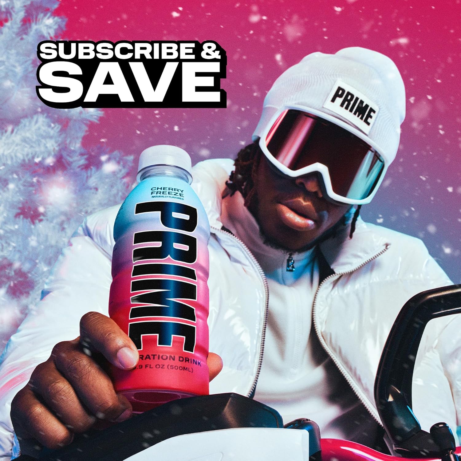 Associates the Prime energy drink with winter sports and holiday season to encourage subscriptions and savings. Promotes the Prime brand and encourages customers to subscribe for savings on their…