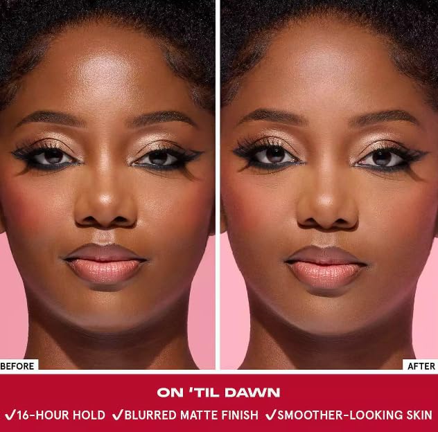 Demonstrates the transformative effect of the makeup product, showing how it creates a smoother, more polished look that lasts for 16 hours.
