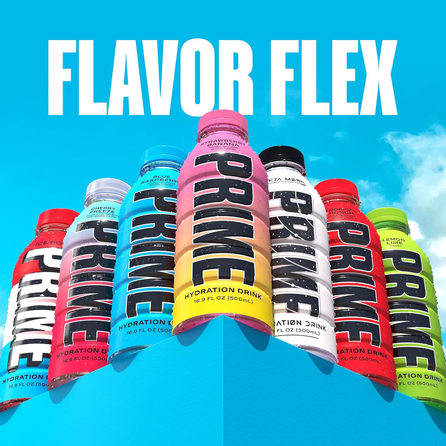 Showcases the wide range of flavors available for the Prime hydration drink, emphasizing product versatility and choice for consumers.