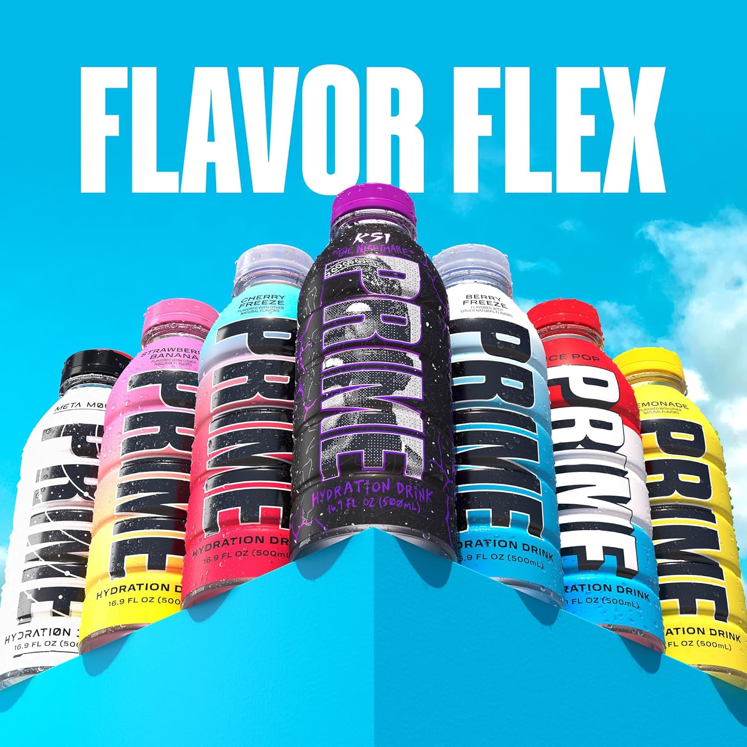 Showcases the wide range of flavors available for the Prime hydration drink, emphasizing product versatility and choice for consumers.