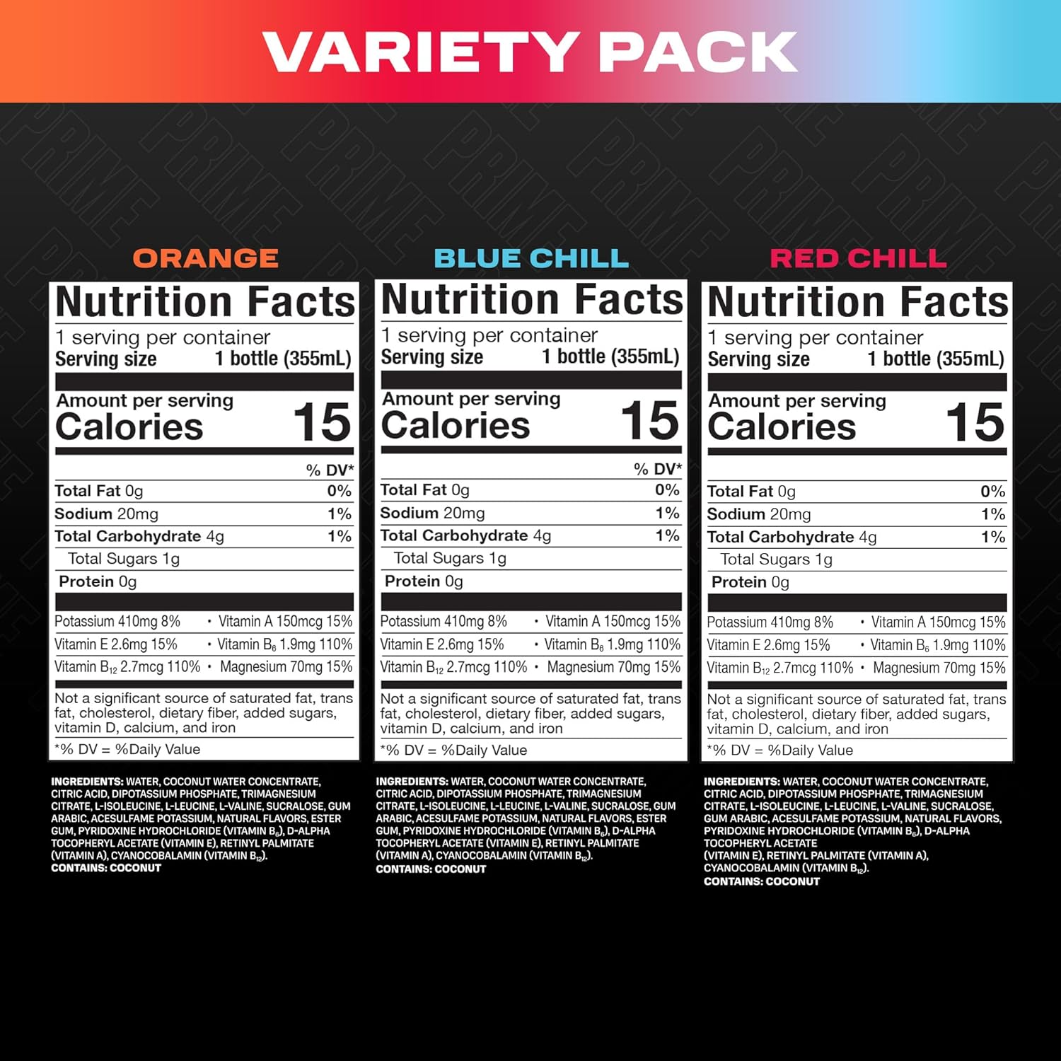 Shows the different flavor options included in the variety pack, allowing customers to see the range of choices available.
