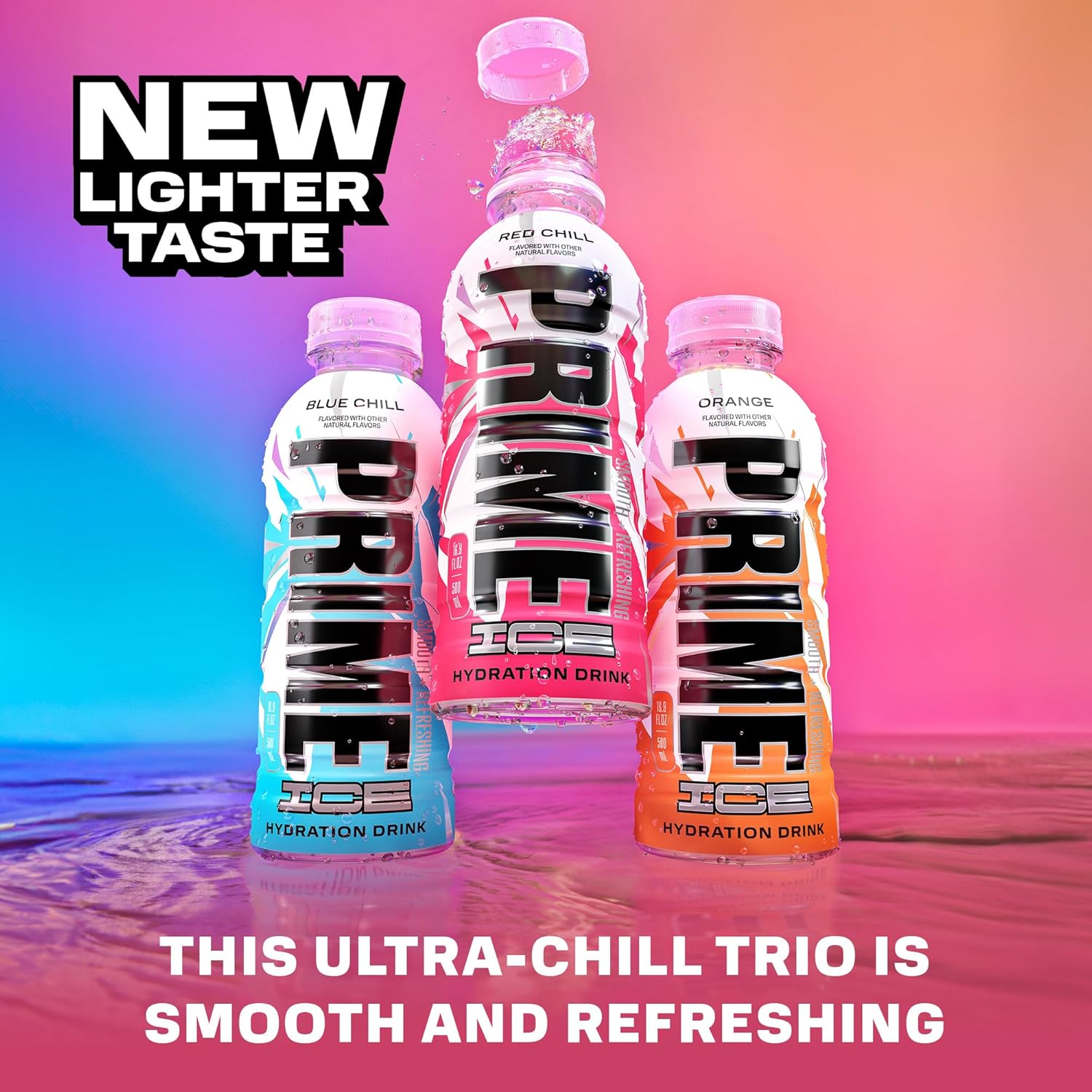 Showcases the new lighter taste and variety of flavors available in the Prime Ice hydration drink line.