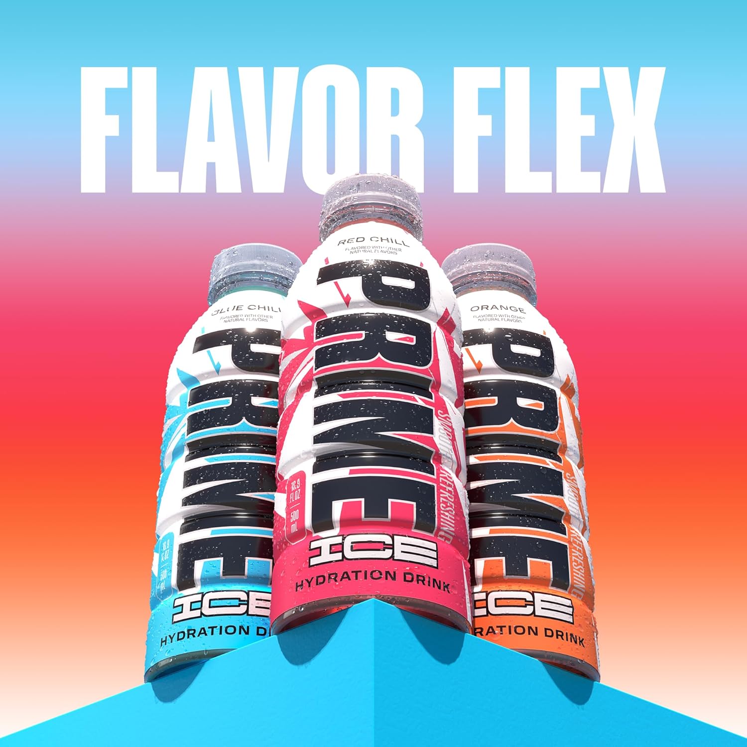 Showcases the variety of flavors available in the Prime Ice hydration drink line, emphasizing product versatility and choice for consumers.