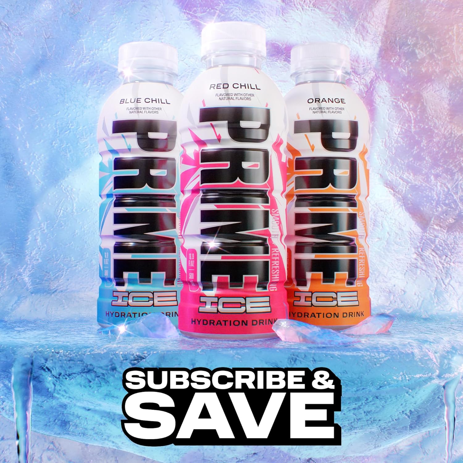 Showcases the variety of flavors available in the Prime Ice hydration drink line, encouraging customers to try different options.