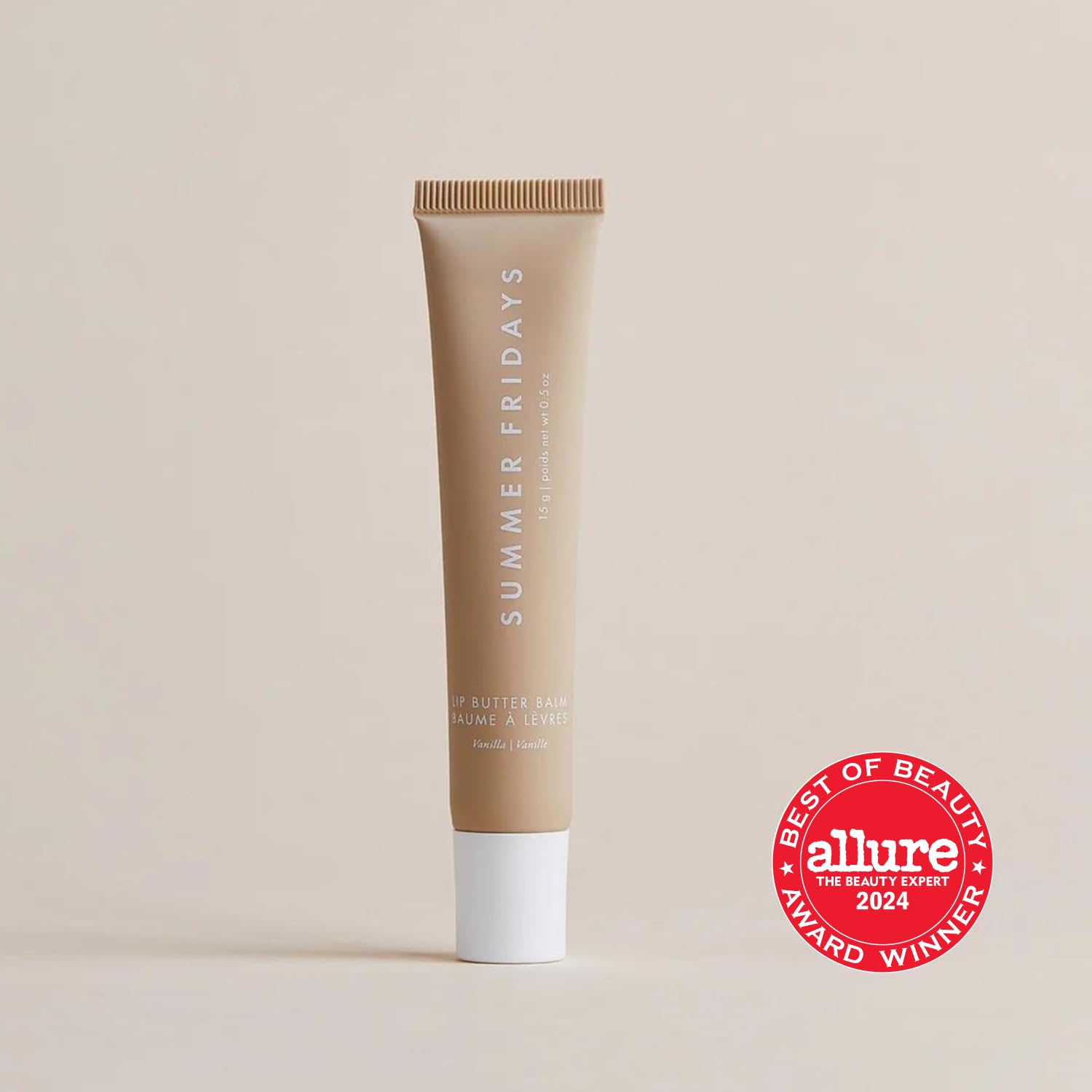 Highlights that the lip butter balm has won an Allure Best of Beauty Award, building credibility and trust with potential customers.
